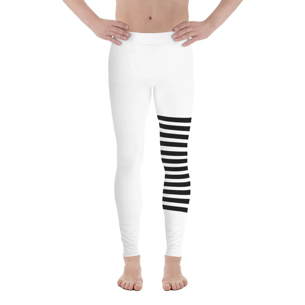 Black White Horizontally Striped Meggings, Premium Men's Leggings Compression Tights For Men - Made in USA/EU/MX