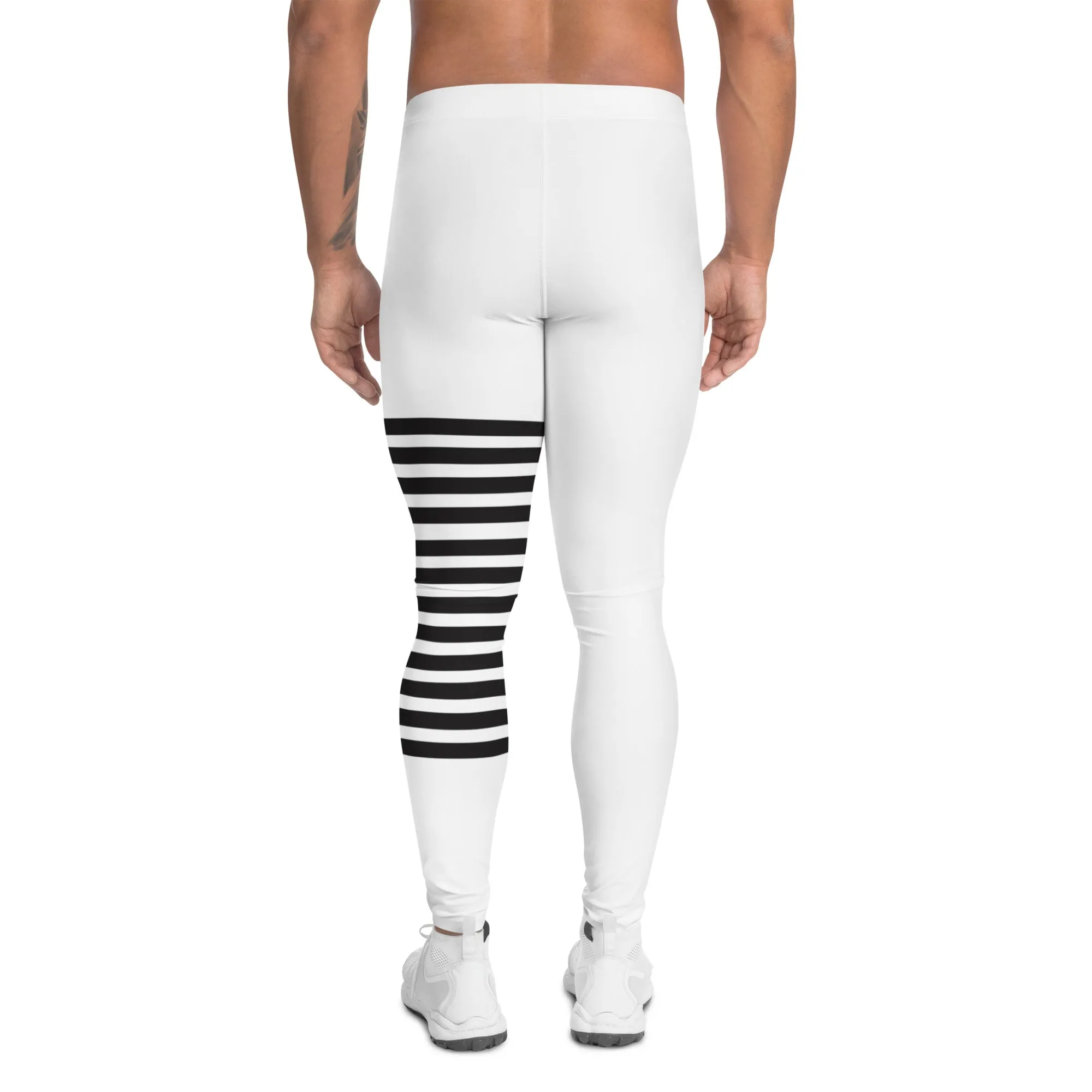 Black White Horizontally Striped Meggings, Premium Men's Leggings Compression Tights For Men - Made in USA/EU/MX