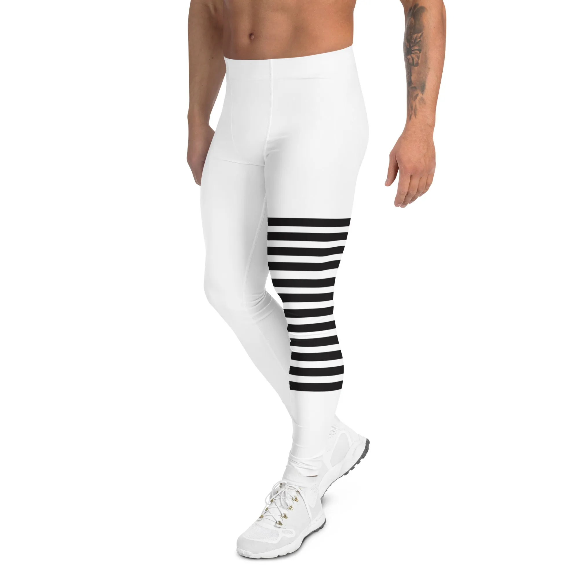 Black White Horizontally Striped Meggings, Premium Men's Leggings Compression Tights For Men - Made in USA/EU/MX