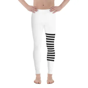 Black White Horizontally Striped Meggings, Premium Men's Leggings Compression Tights For Men - Made in USA/EU/MX