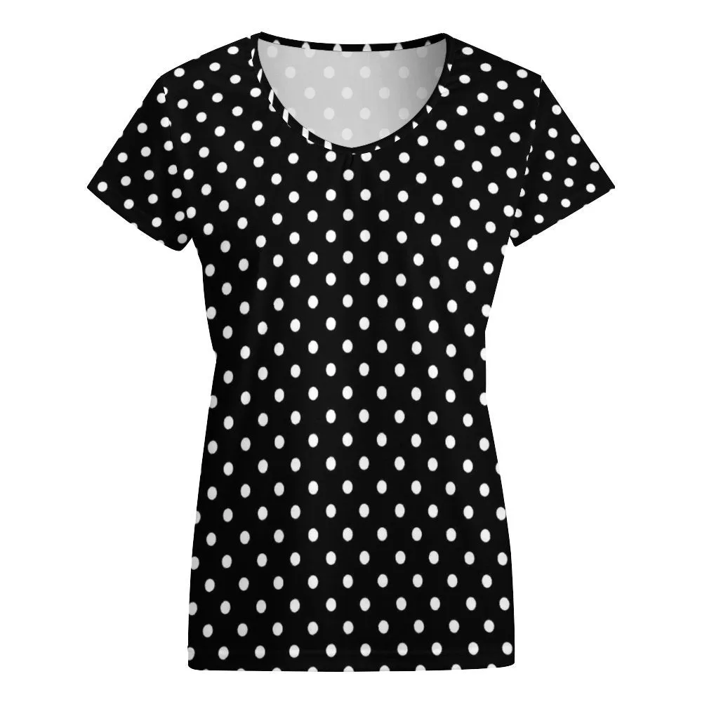 Black With White Polka Dots Women's V-Neck Short Sleeve T-Shirt