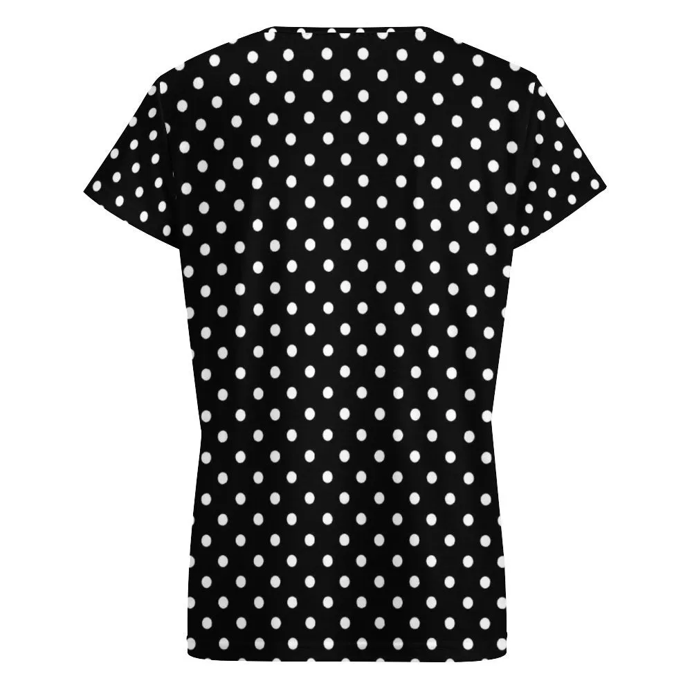 Black With White Polka Dots Women's V-Neck Short Sleeve T-Shirt