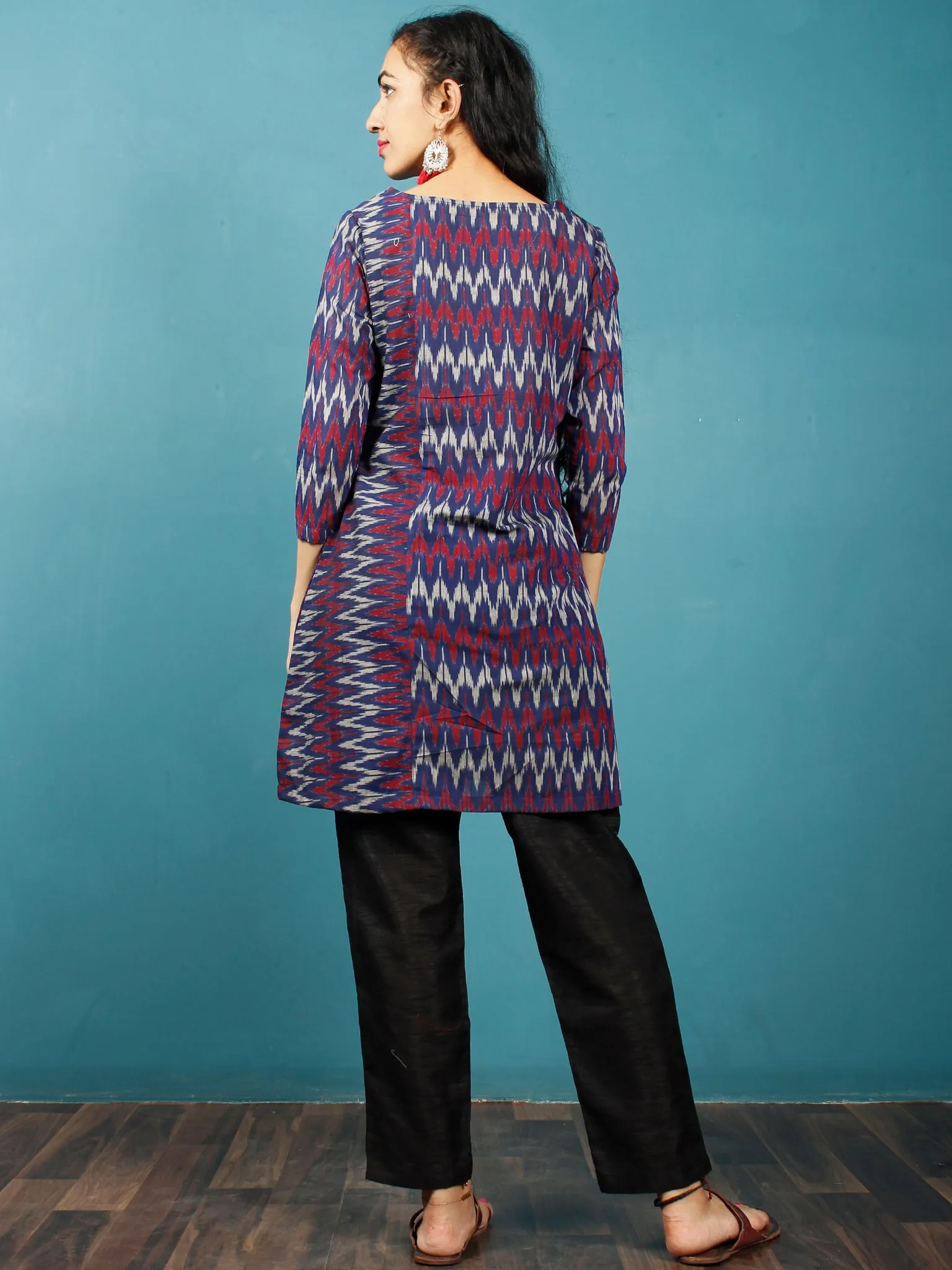 Blue Maroon Grey Hand Woven Mercerised Ikat Cotton Tunic  - Tun10F842