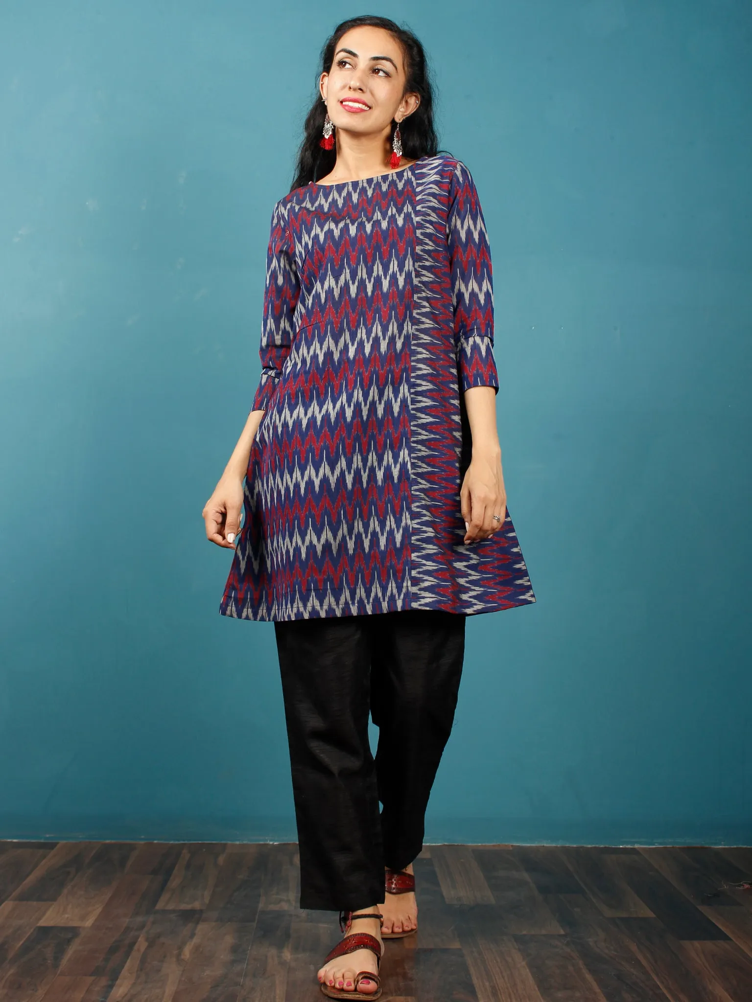 Blue Maroon Grey Hand Woven Mercerised Ikat Cotton Tunic  - Tun10F842