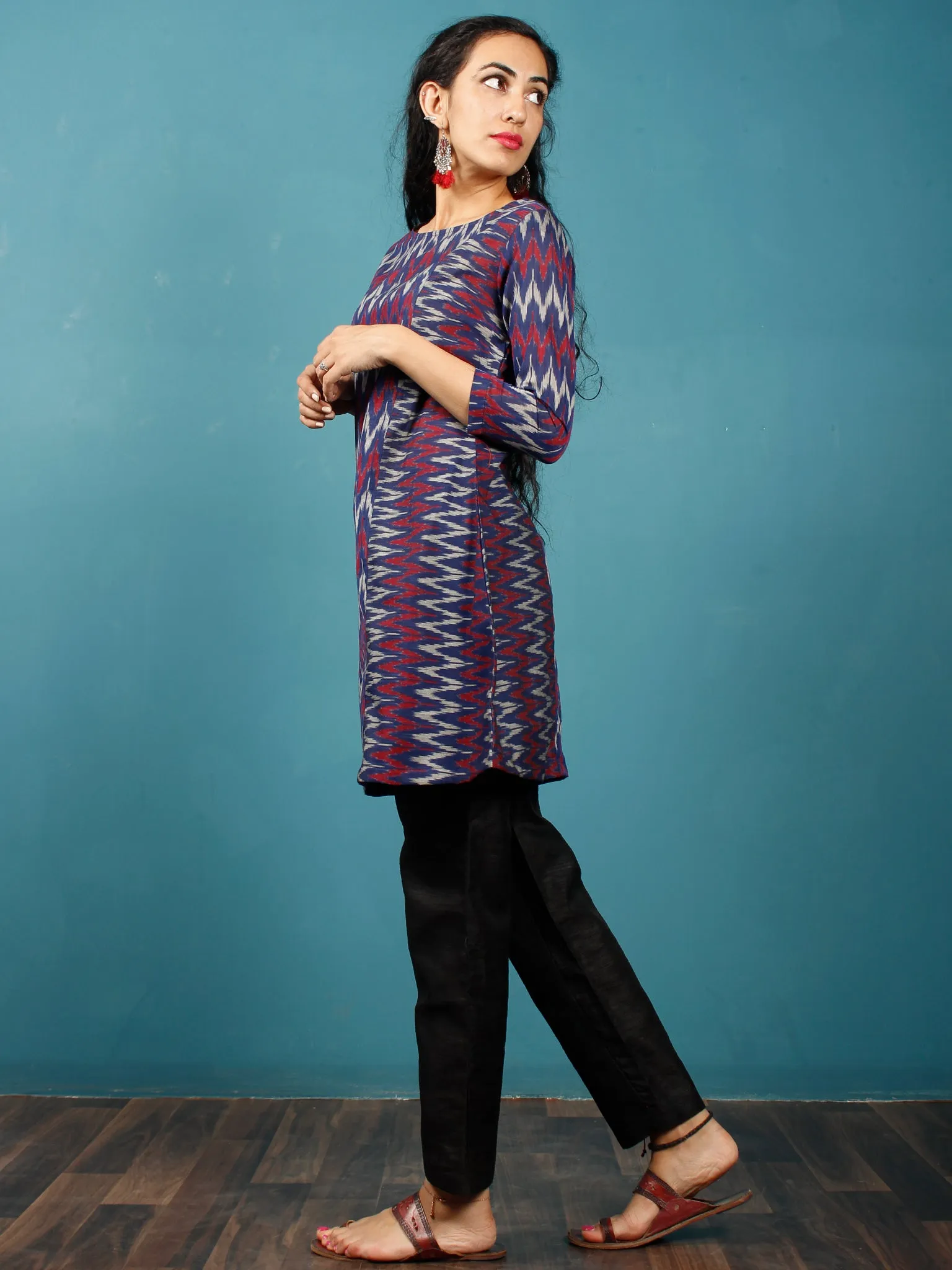 Blue Maroon Grey Hand Woven Mercerised Ikat Cotton Tunic  - Tun10F842