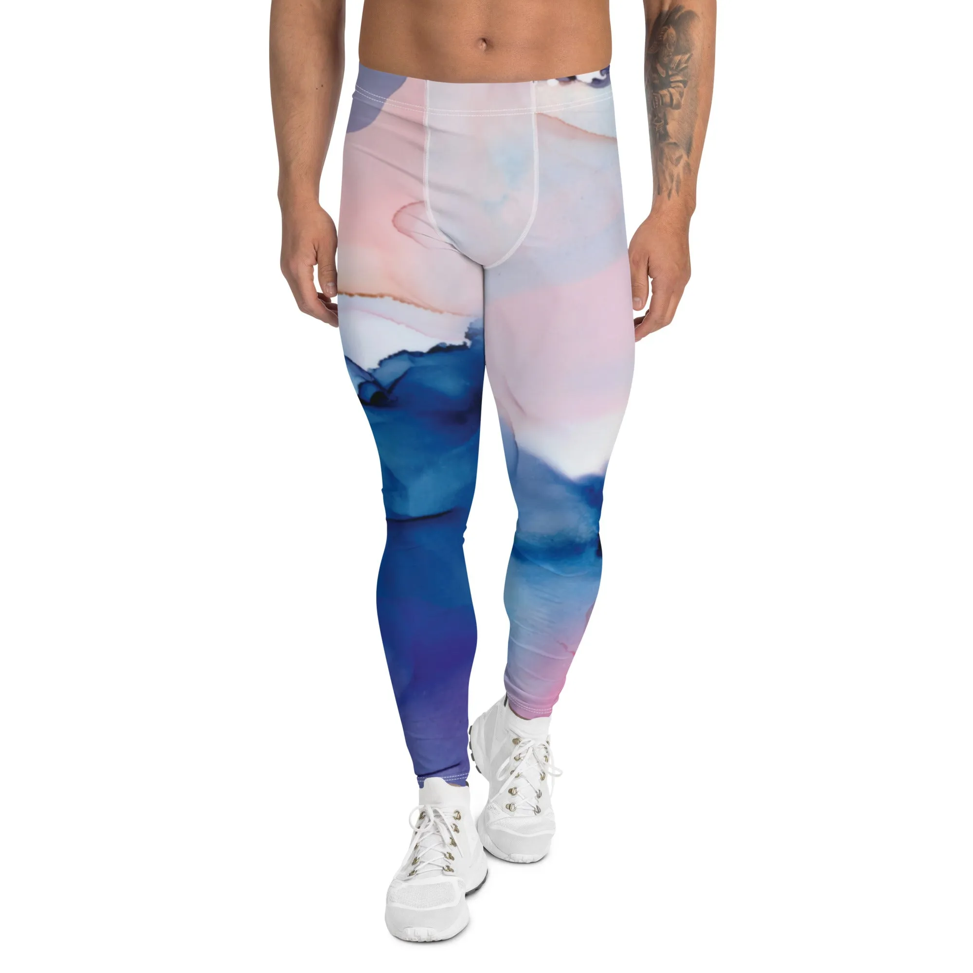 Blue Pink Abstract Men's Tights, Designer Compression Tights For Men - Made in USA/EU/MX