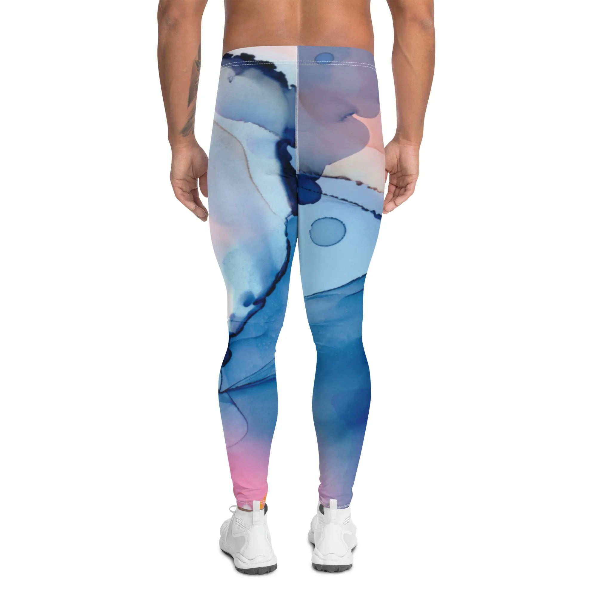 Blue Pink Abstract Men's Tights, Designer Compression Tights For Men - Made in USA/EU/MX