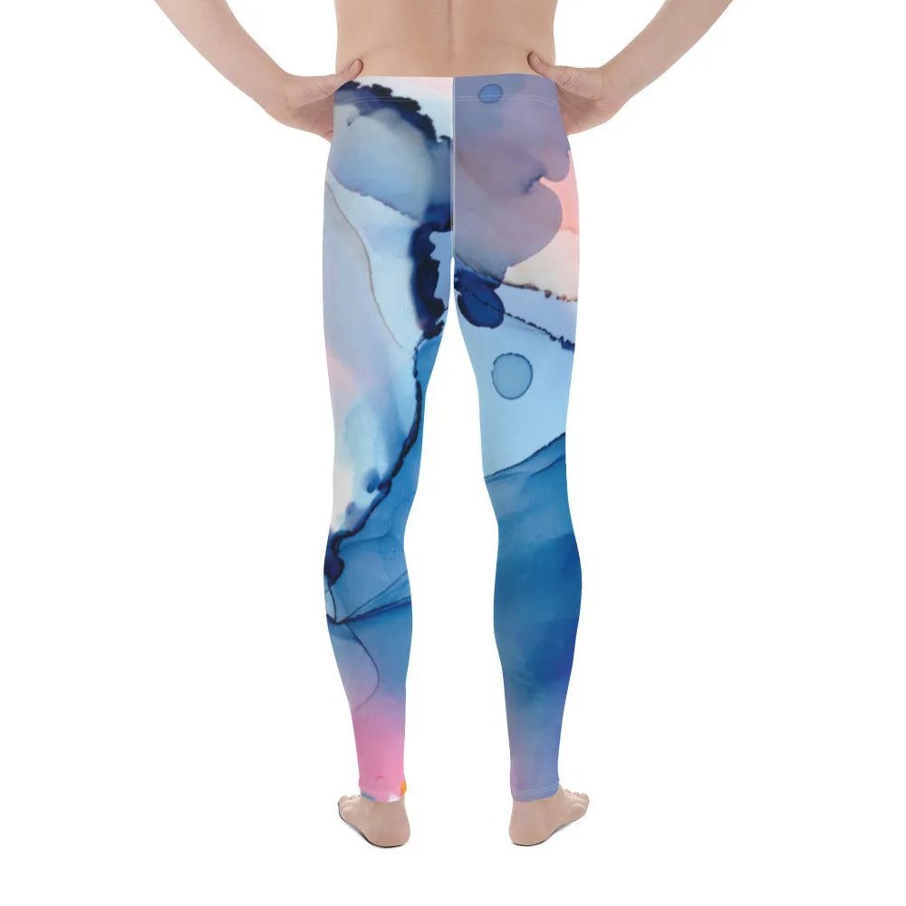 Blue Pink Abstract Men's Tights, Designer Compression Tights For Men - Made in USA/EU/MX