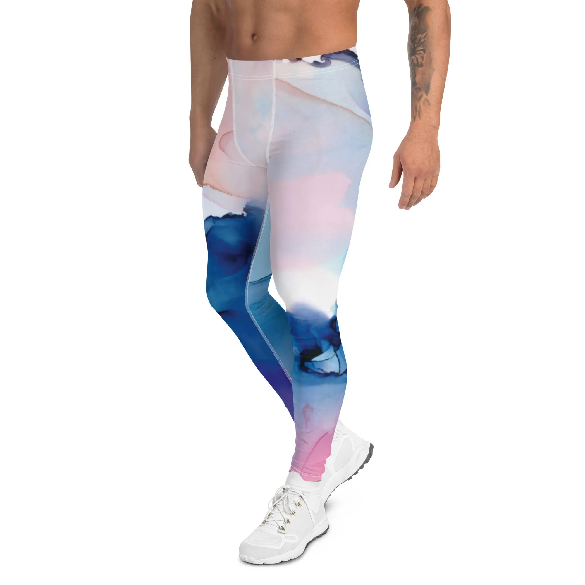 Blue Pink Abstract Men's Tights, Designer Compression Tights For Men - Made in USA/EU/MX