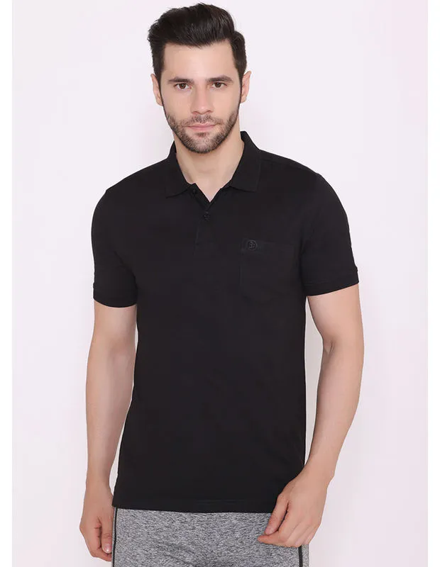 Bodyactive Solid Casual Half Sleeve Cotton Rich Polo T-Shirt for Men with Chest Pocket-TS53-BLK