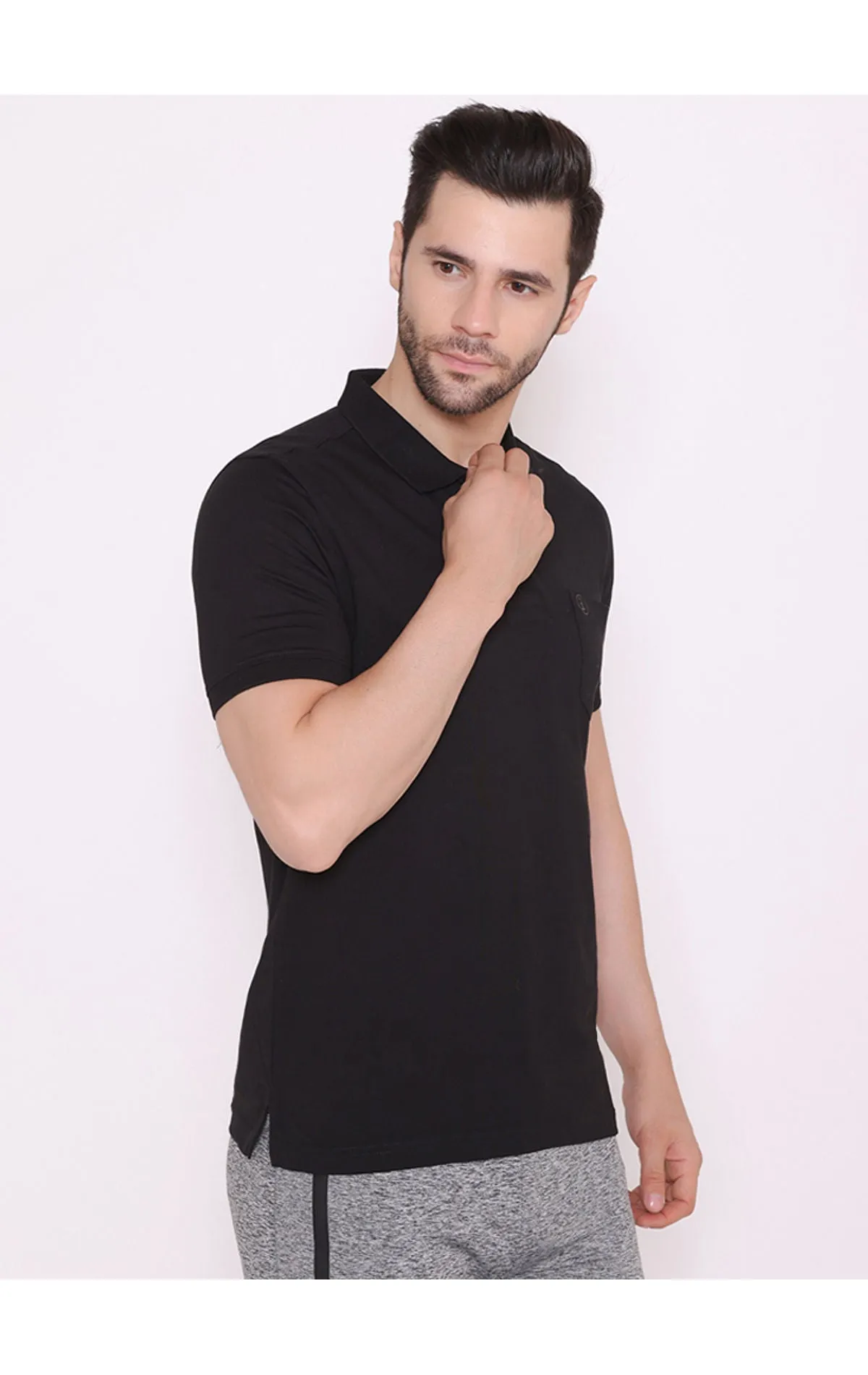 Bodyactive Solid Casual Half Sleeve Cotton Rich Polo T-Shirt for Men with Chest Pocket-TS53-BLK