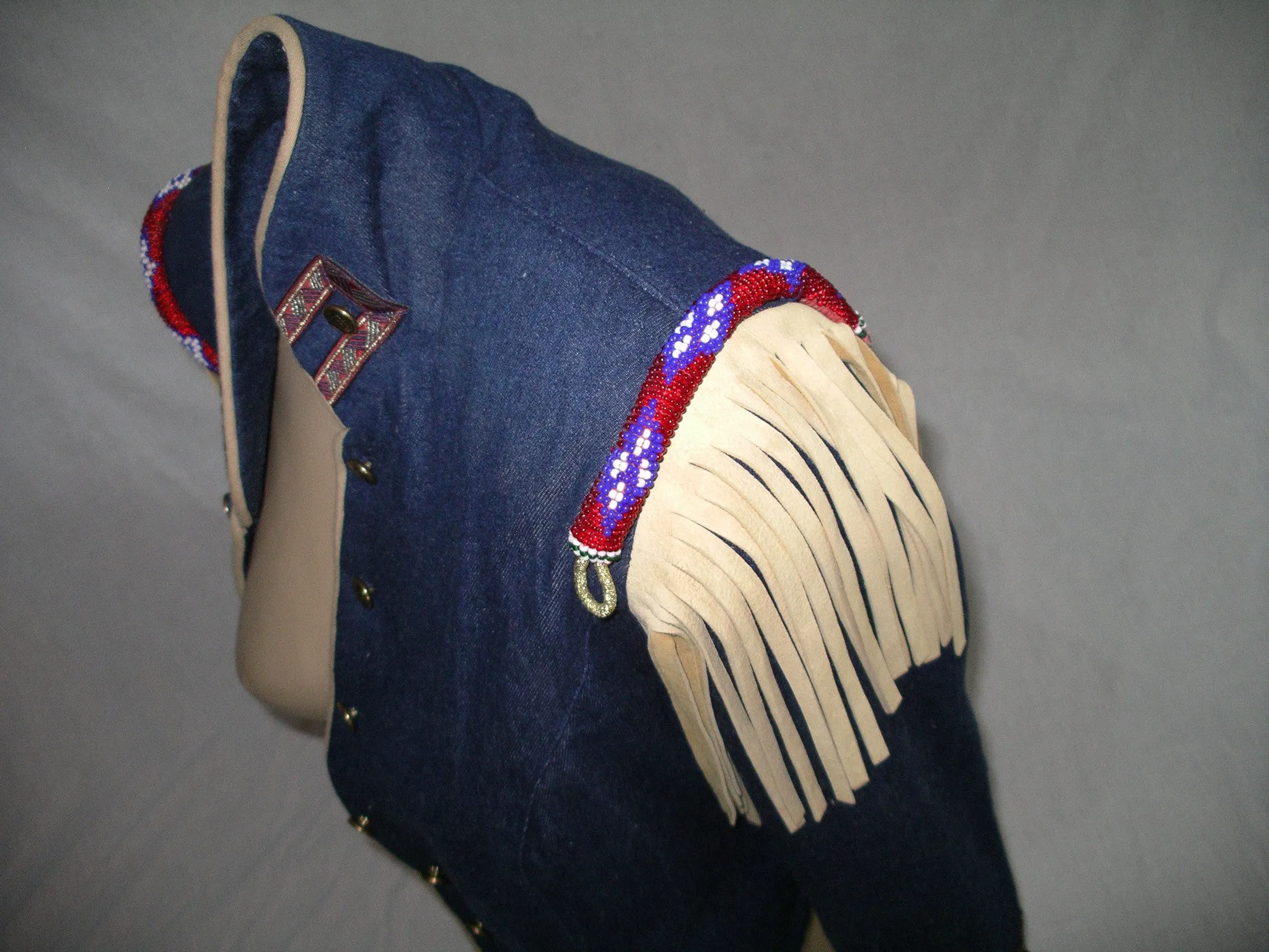 Boho Jean Jacket Indian Seed Bead Leather Fringe Epaulets Handmade One Of A Kind Tailored One Size Fits XS Small Medium Large Or Extra Large XL