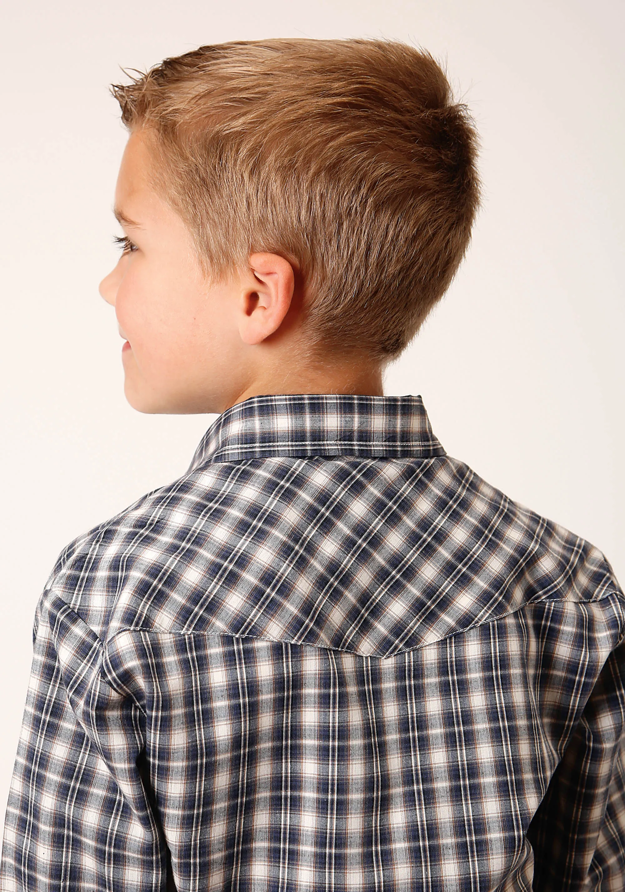 BOYS LONG SLEEVE SNAP NAVY CREAM TAN SMALL SCALE PLAID WESTERN SHIRT