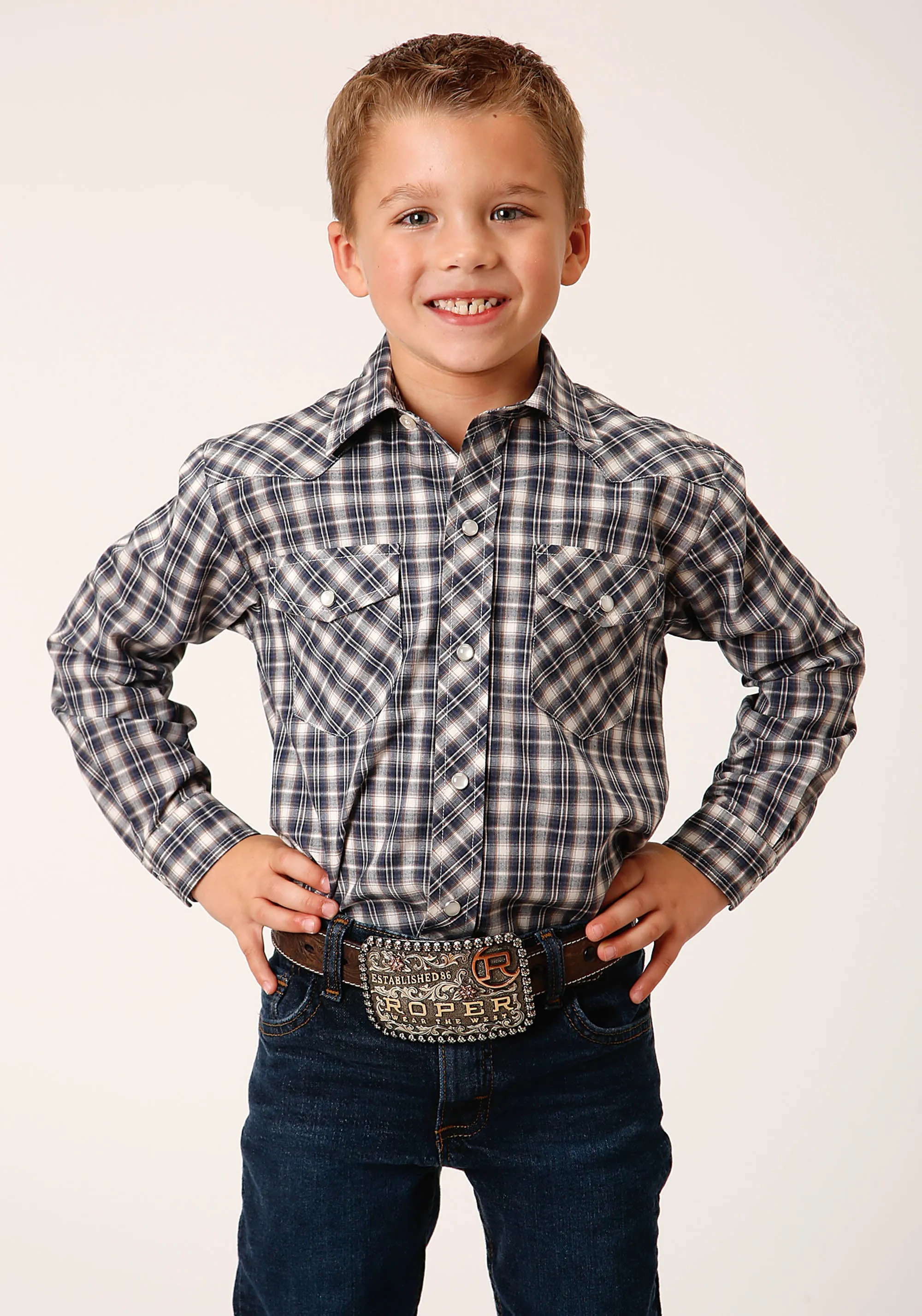 BOYS LONG SLEEVE SNAP NAVY CREAM TAN SMALL SCALE PLAID WESTERN SHIRT