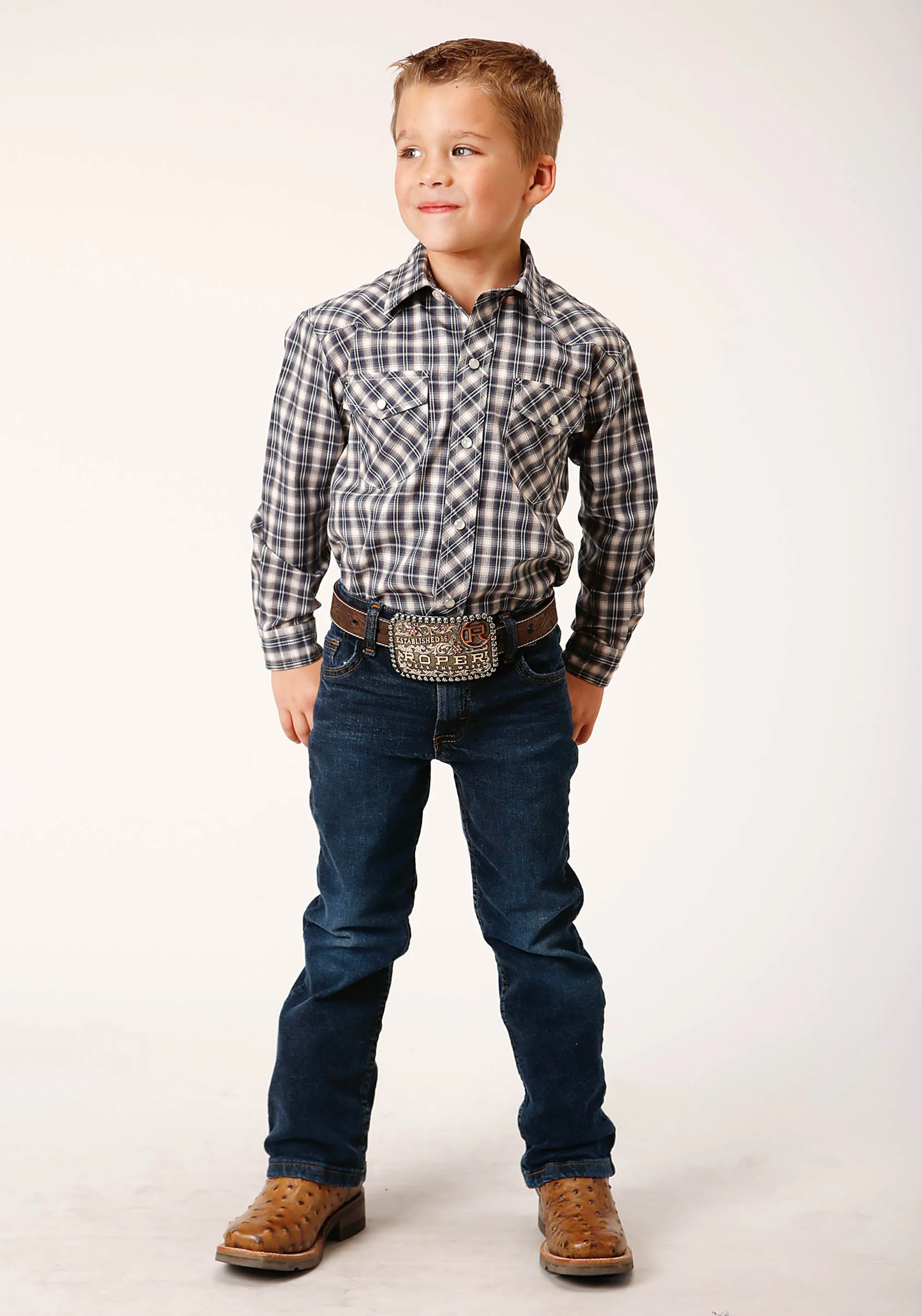 BOYS LONG SLEEVE SNAP NAVY CREAM TAN SMALL SCALE PLAID WESTERN SHIRT