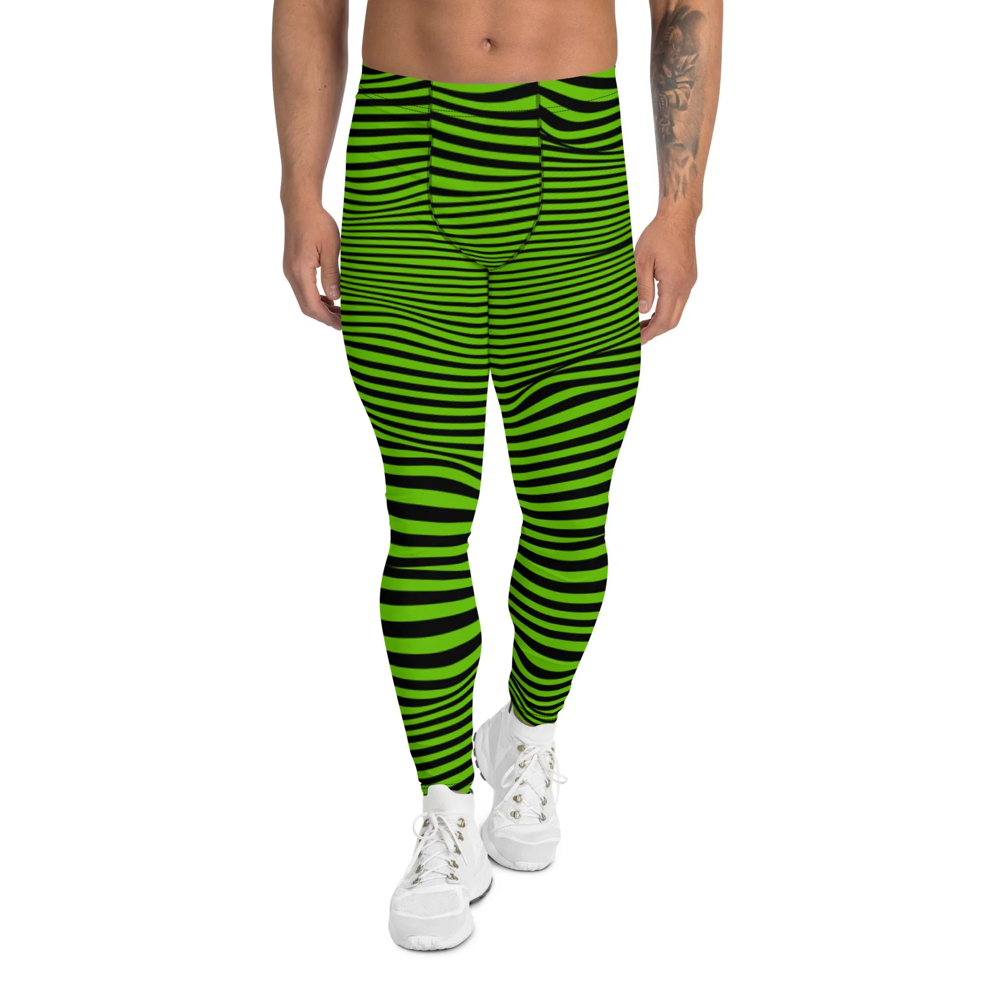 Bright Green Meshed Men's Leggings, Striped Premium Meggings Compression Running Tights-Made in USA/EU/MX