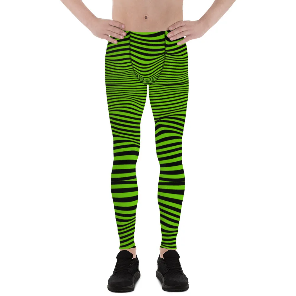 Bright Green Meshed Men's Leggings, Striped Premium Meggings Compression Running Tights-Made in USA/EU/MX