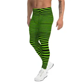 Bright Green Meshed Men's Leggings, Striped Premium Meggings Compression Running Tights-Made in USA/EU/MX