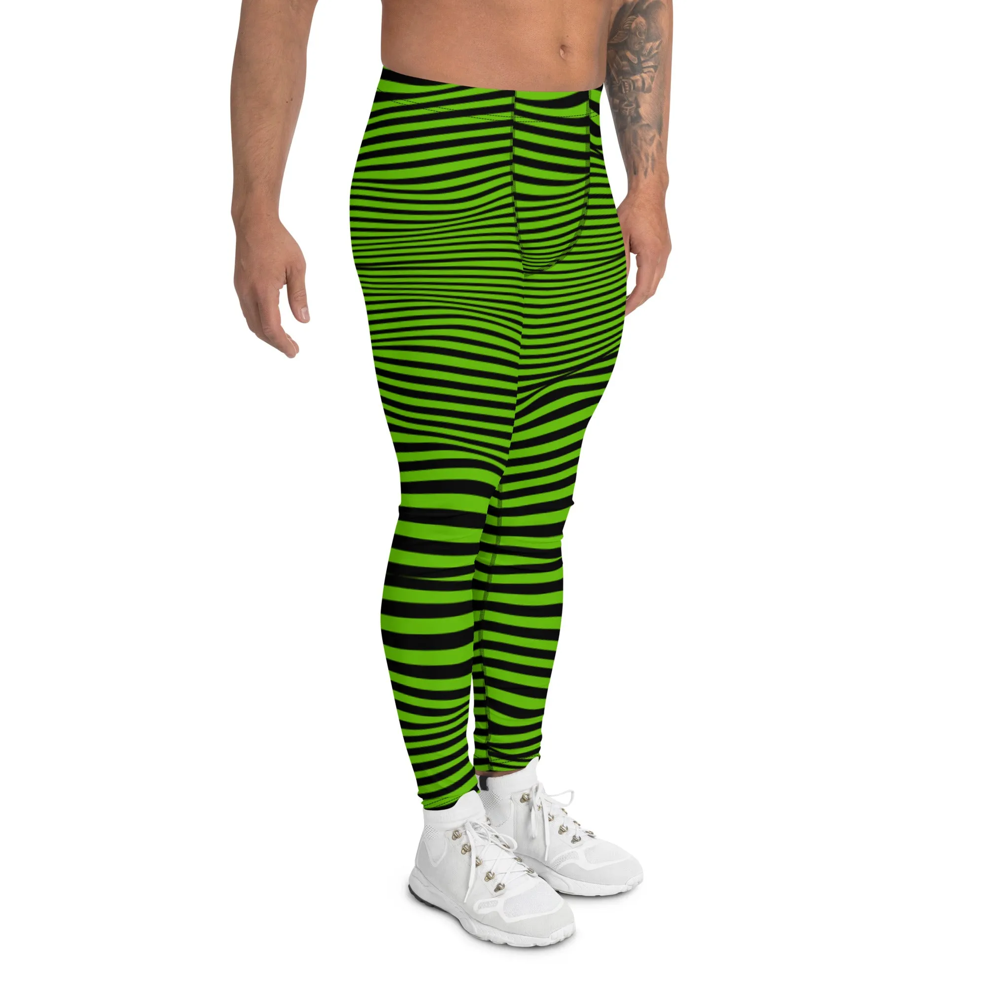 Bright Green Meshed Men's Leggings, Striped Premium Meggings Compression Running Tights-Made in USA/EU/MX