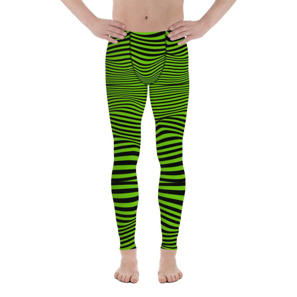 Bright Green Meshed Men's Leggings, Striped Premium Meggings Compression Running Tights-Made in USA/EU/MX