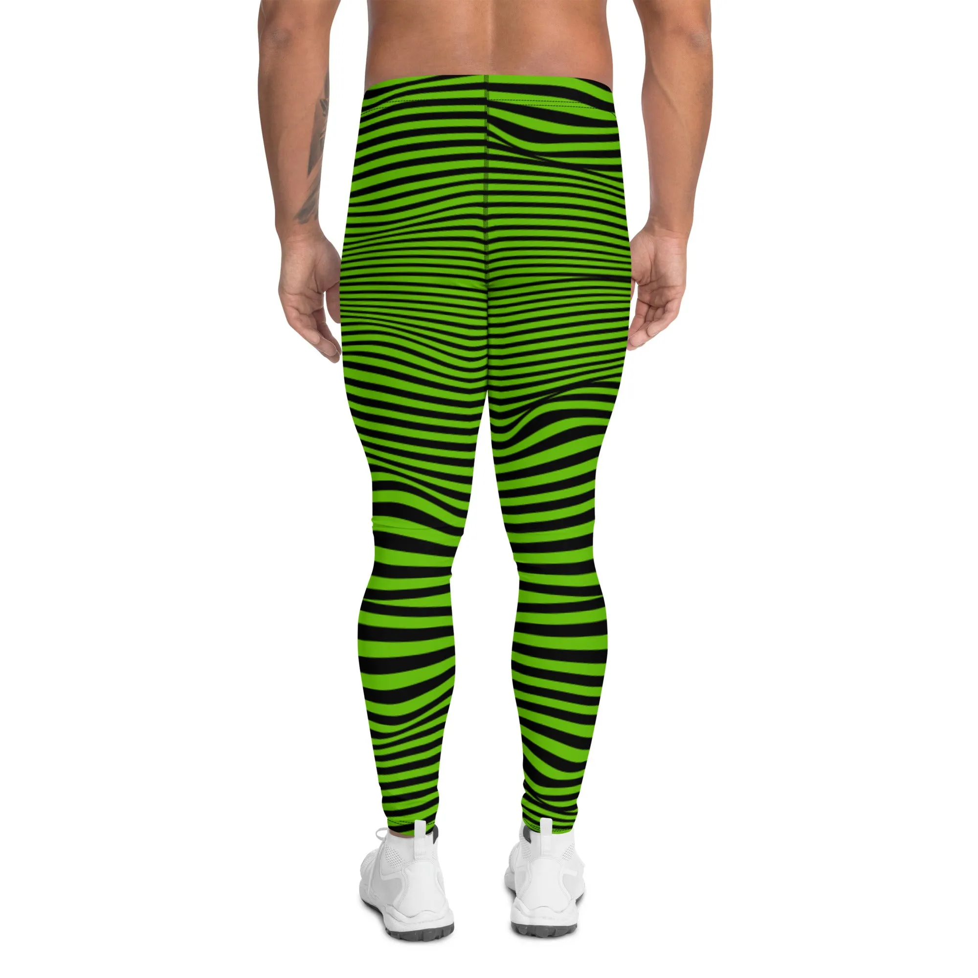 Bright Green Meshed Men's Leggings, Striped Premium Meggings Compression Running Tights-Made in USA/EU/MX