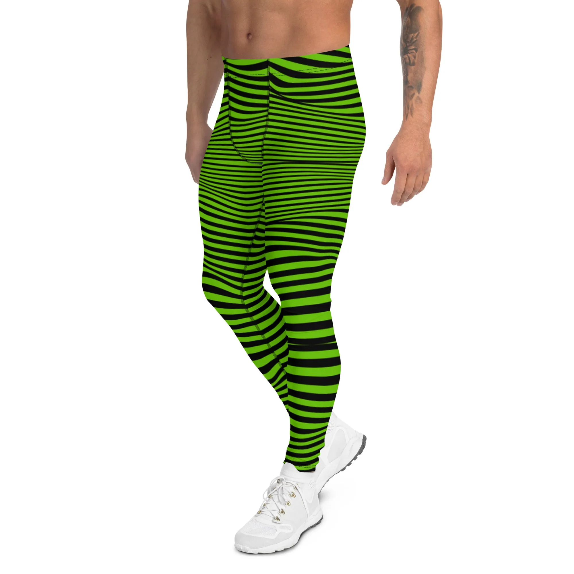 Bright Green Meshed Men's Leggings, Striped Premium Meggings Compression Running Tights-Made in USA/EU/MX