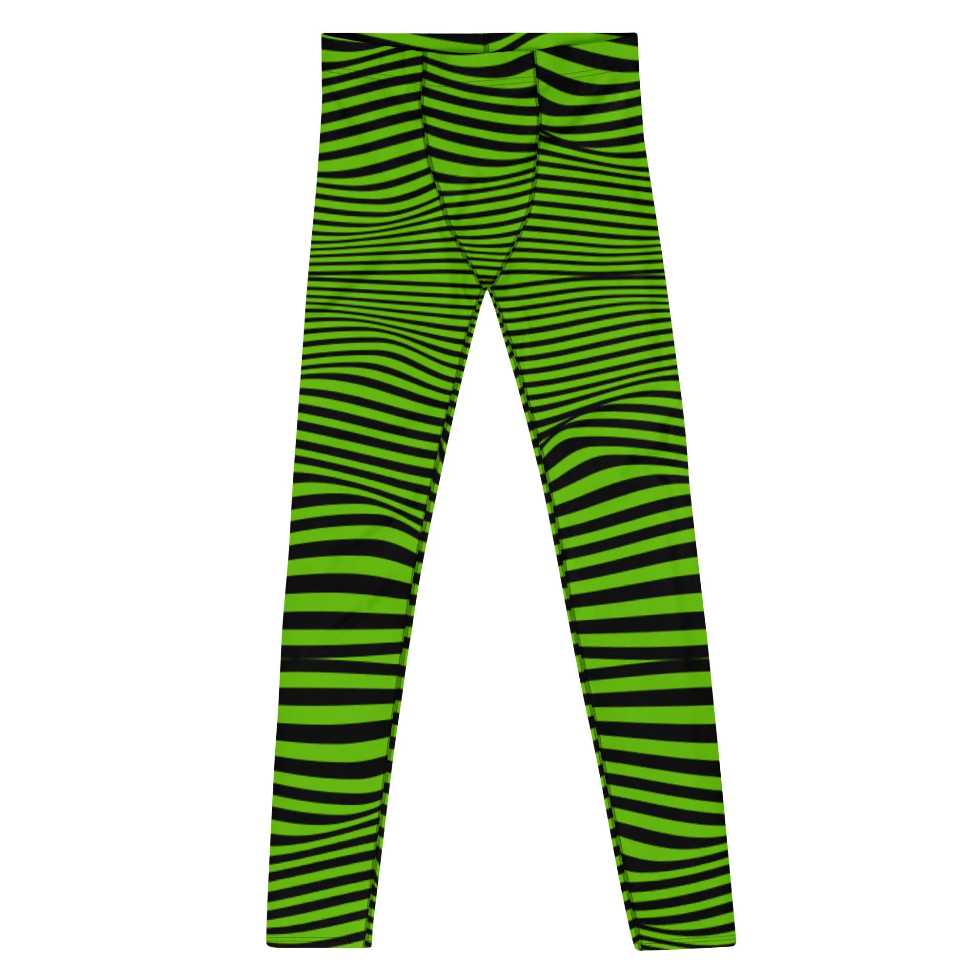 Bright Green Meshed Men's Leggings, Striped Premium Meggings Compression Running Tights-Made in USA/EU/MX