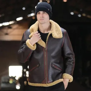 Brown B3 Shearling Leather Bomber Sheepskin Jacket Coat for Men