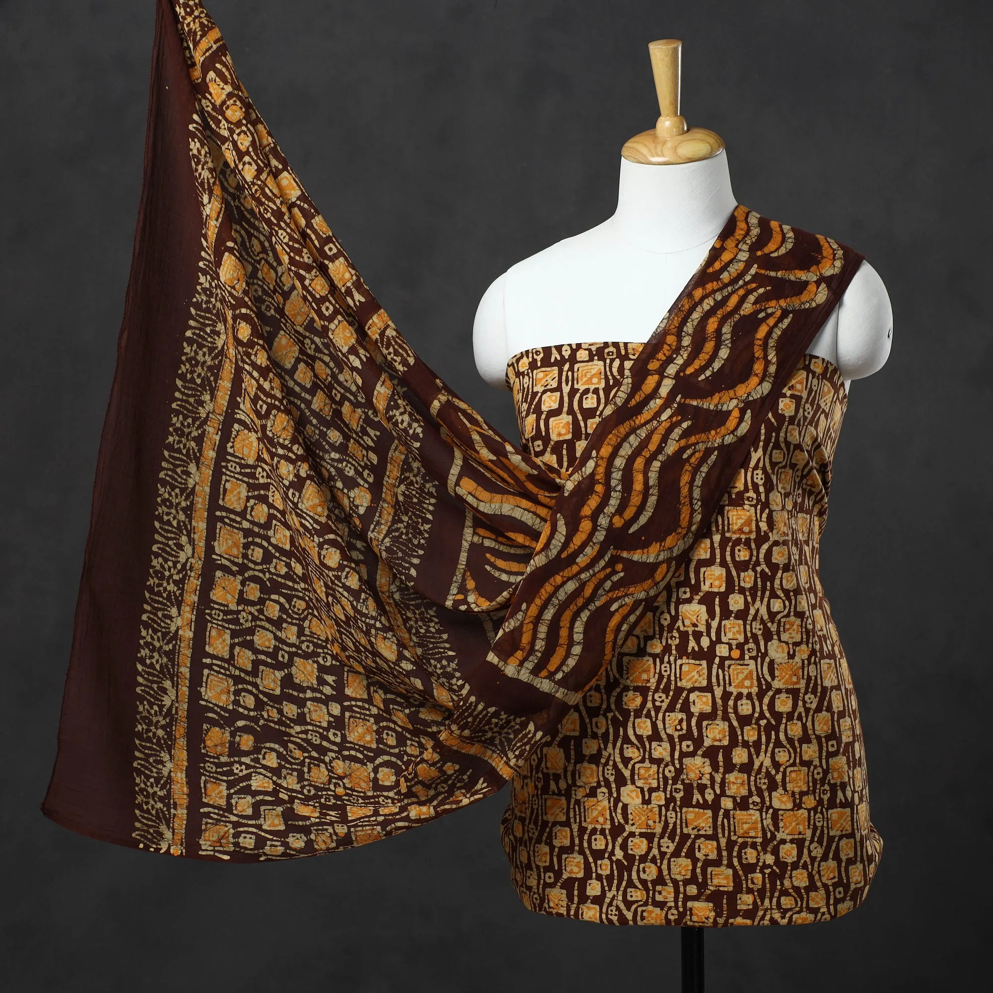 Brown - Kutch Print Cotton 3pc Batik Dress Material 28