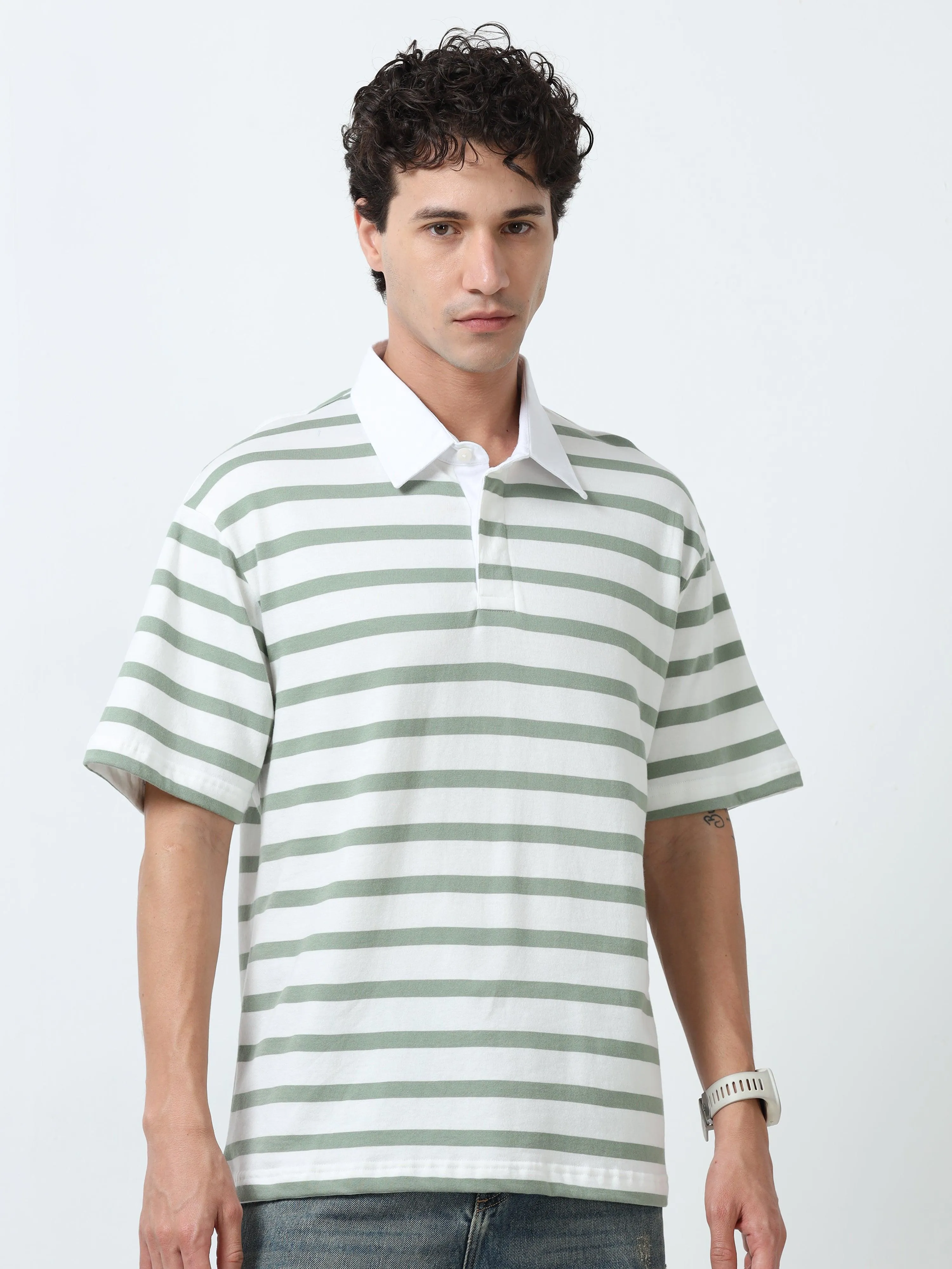 Calla - Oversized Striped Polo T Shirt - Green