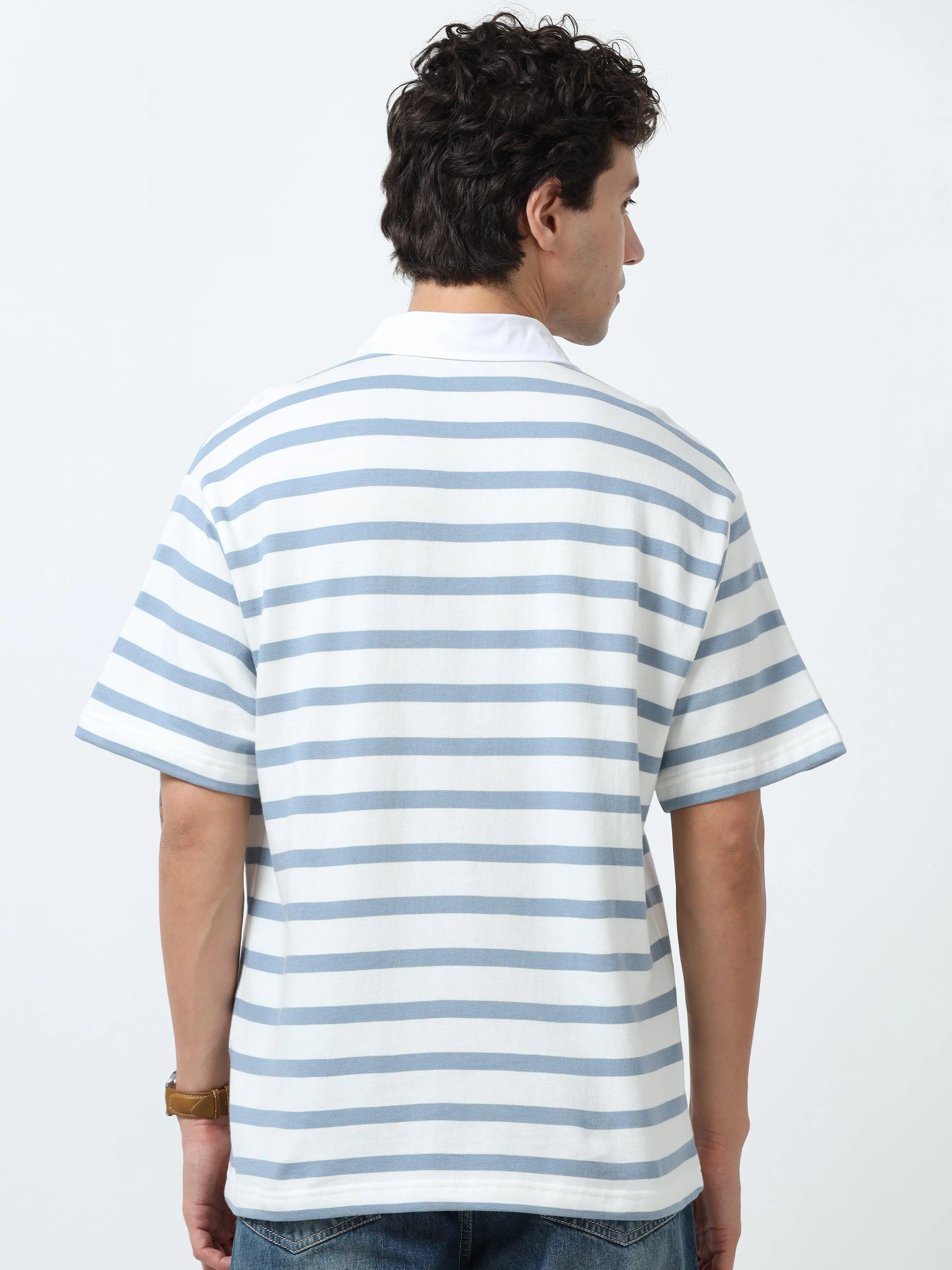 Calla - Oversized Striped Polo T Shirt - Sky Blue