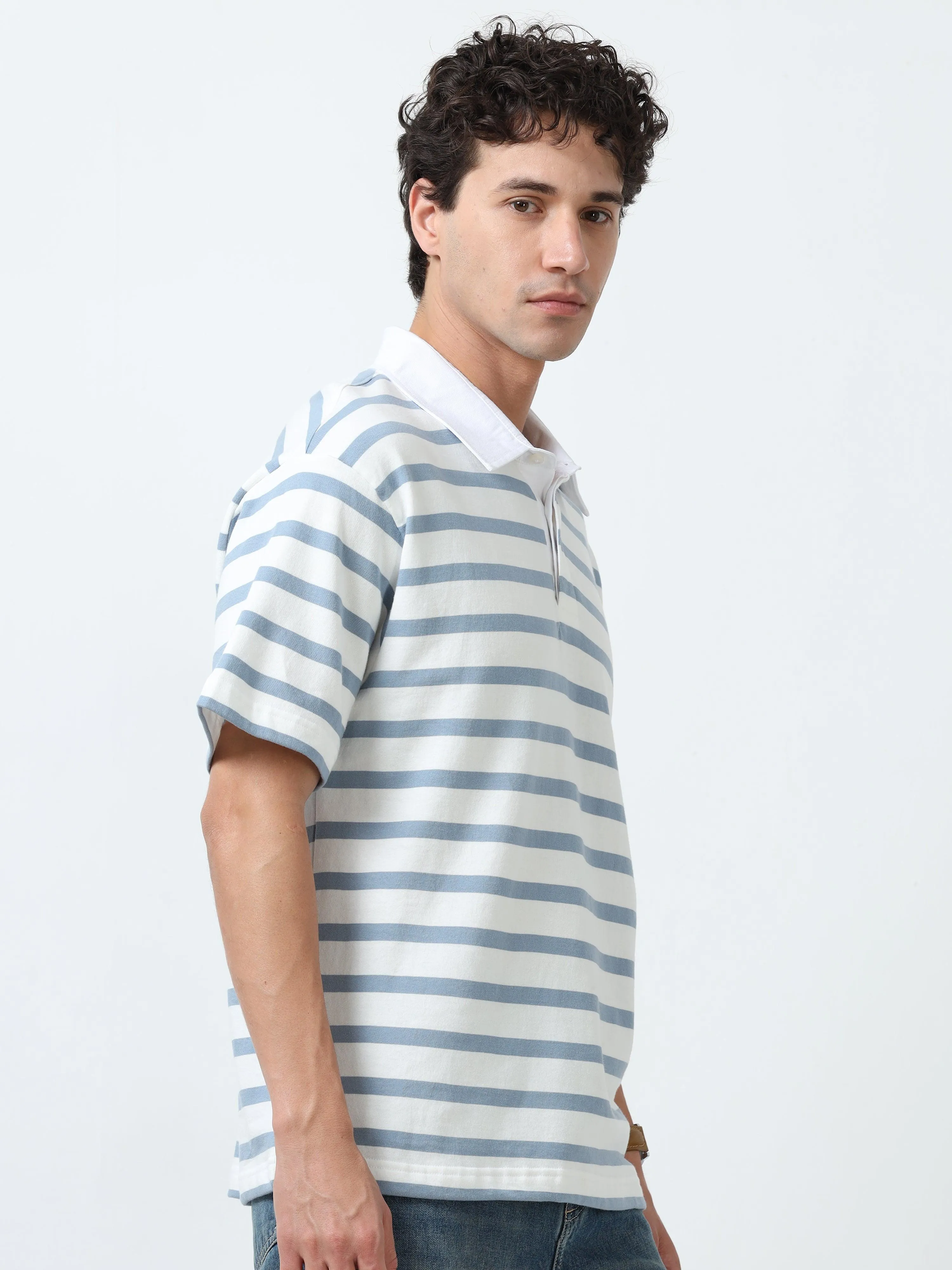 Calla - Oversized Striped Polo T Shirt - Sky Blue