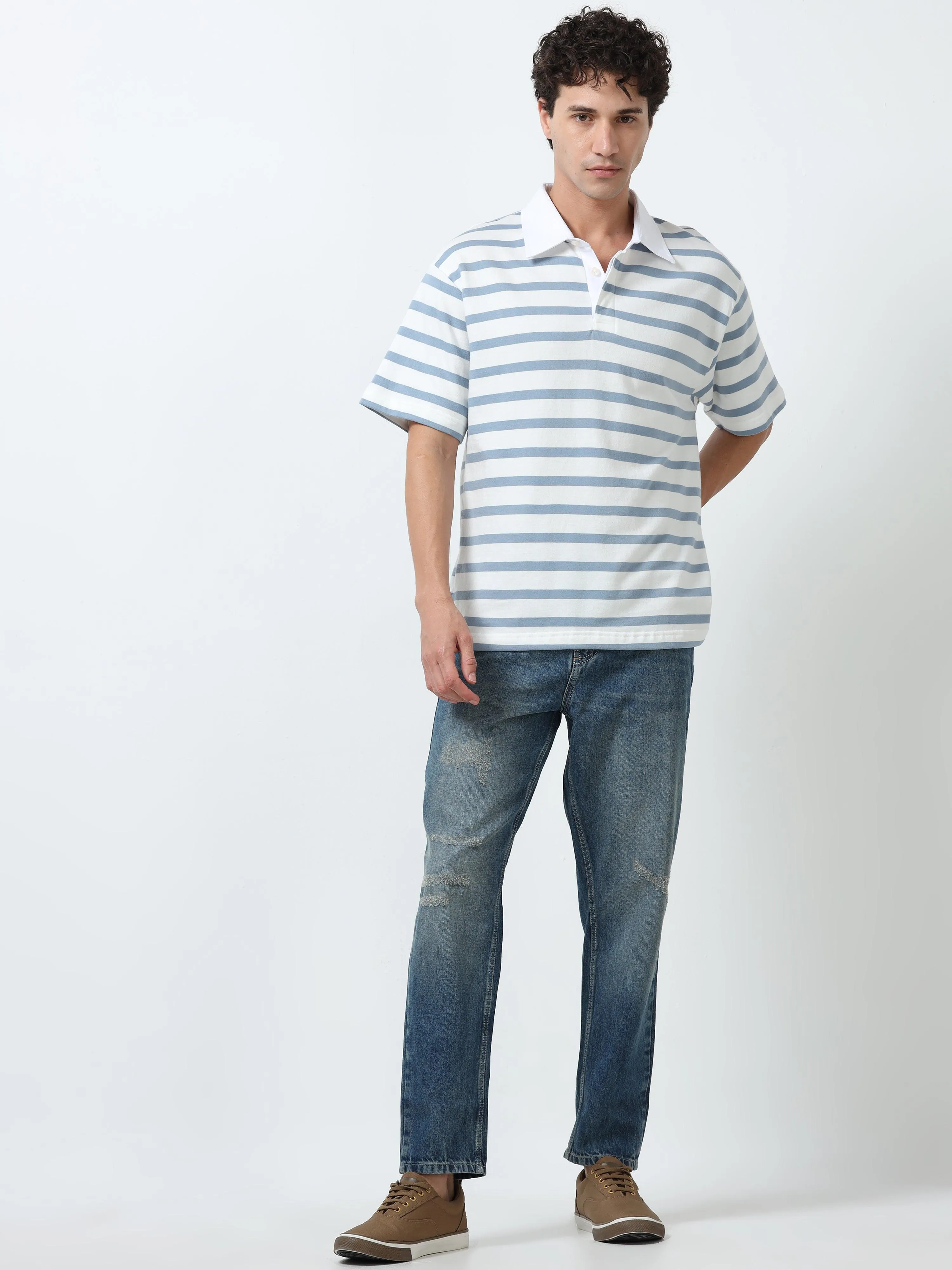 Calla - Oversized Striped Polo T Shirt - Sky Blue