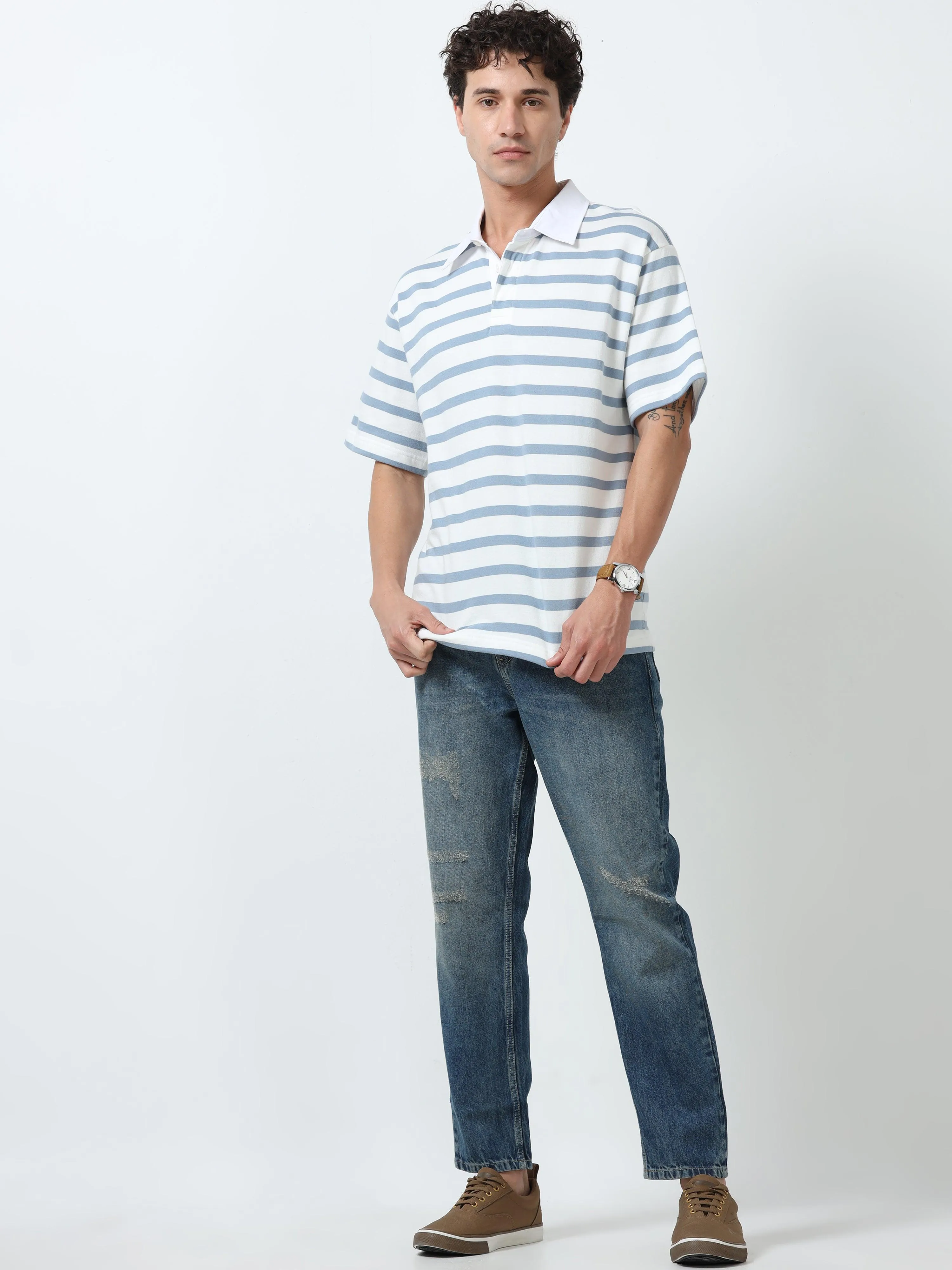 Calla - Oversized Striped Polo T Shirt - Sky Blue