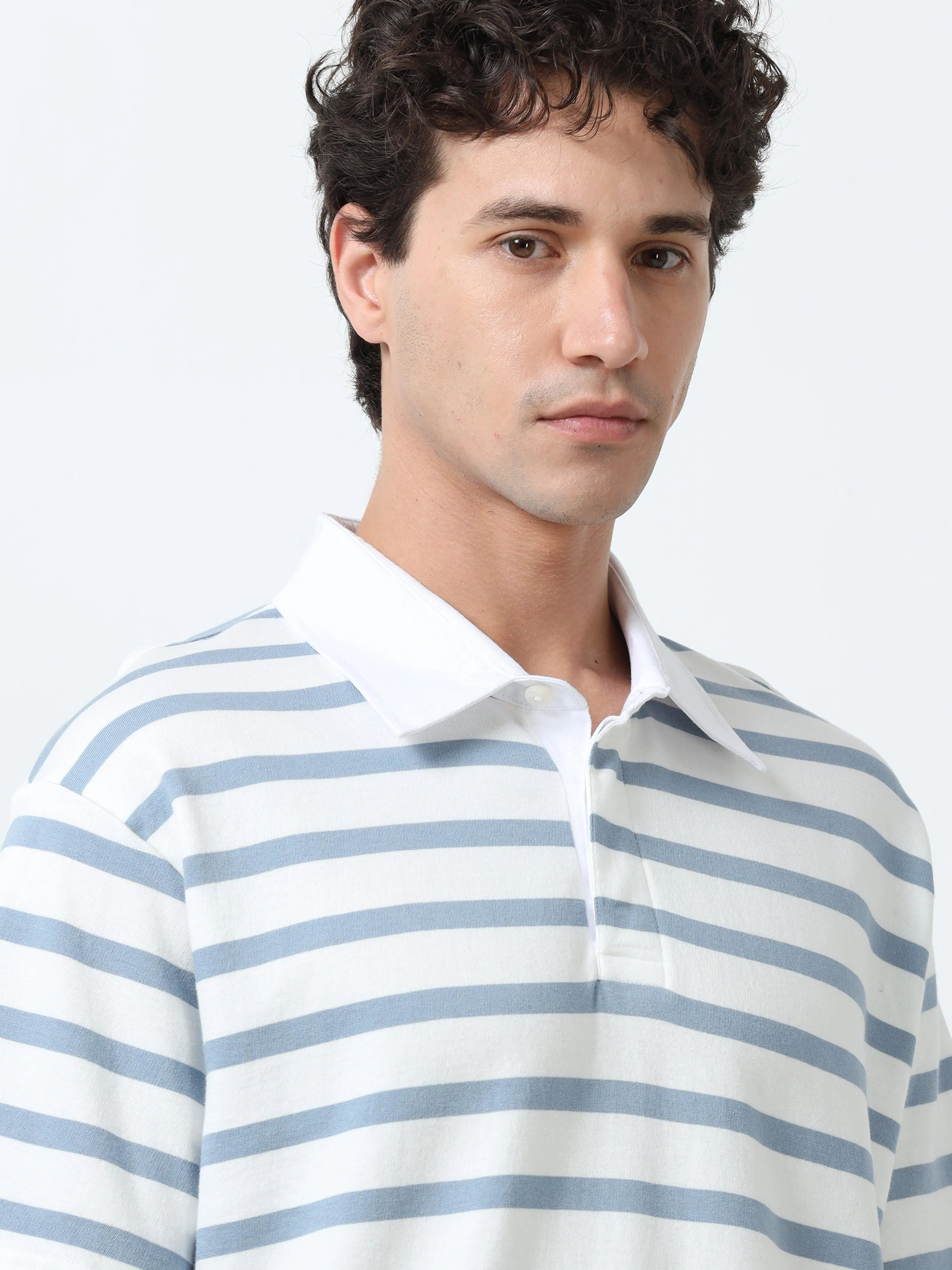 Calla - Oversized Striped Polo T Shirt - Sky Blue