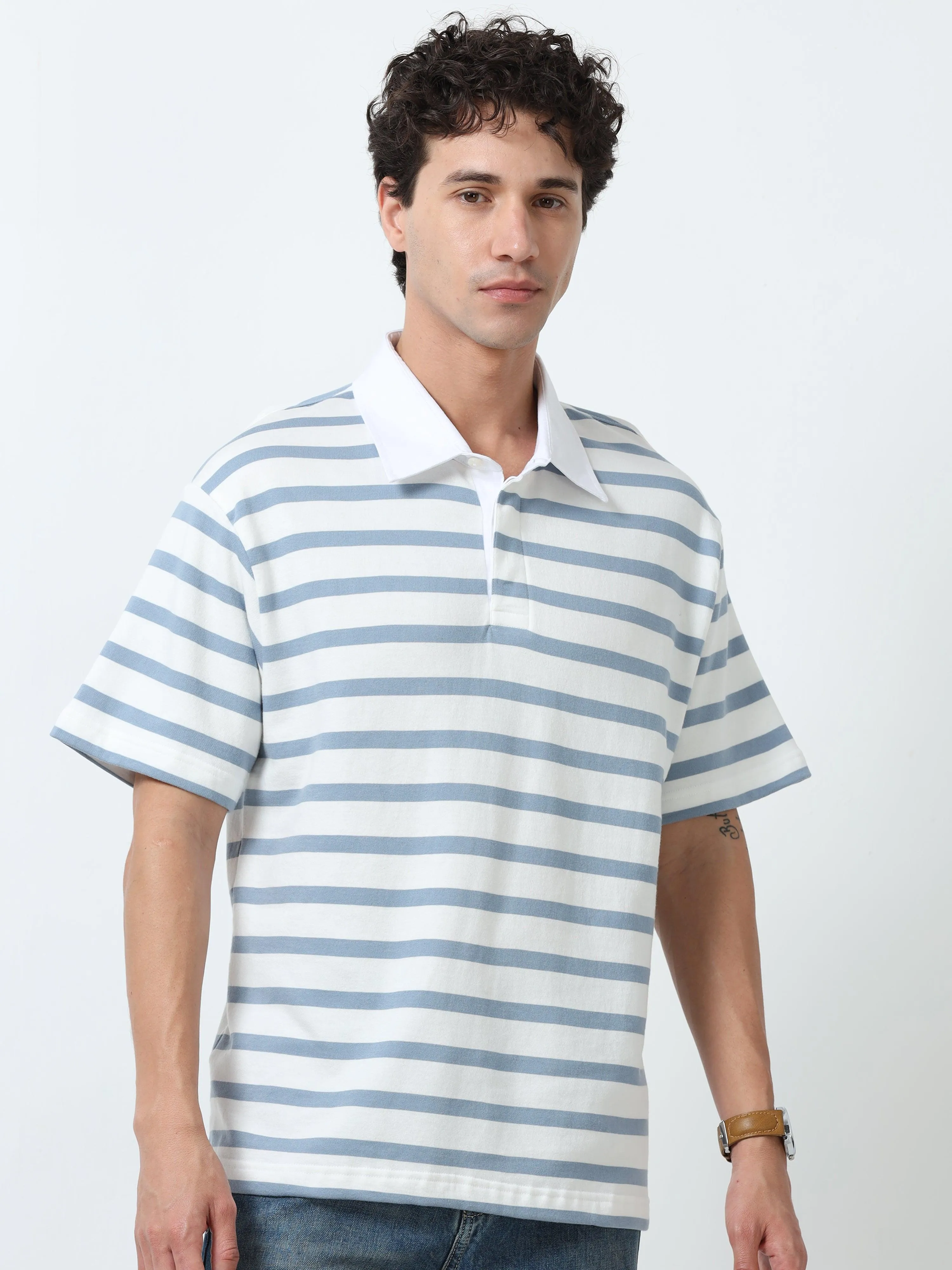 Calla - Oversized Striped Polo T Shirt - Sky Blue