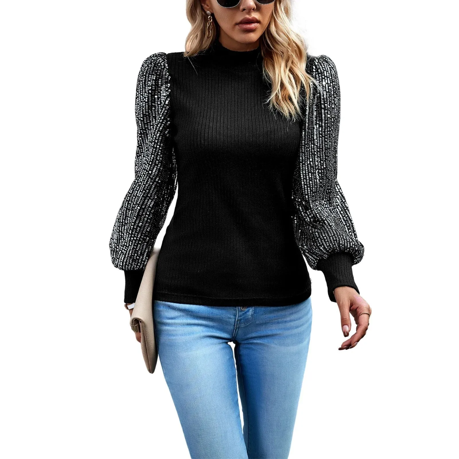 Casual Knit Turtleneck Shiny Sequined Patchwork Spring Fall Pullover Blouse Streetwear Women T-shirt