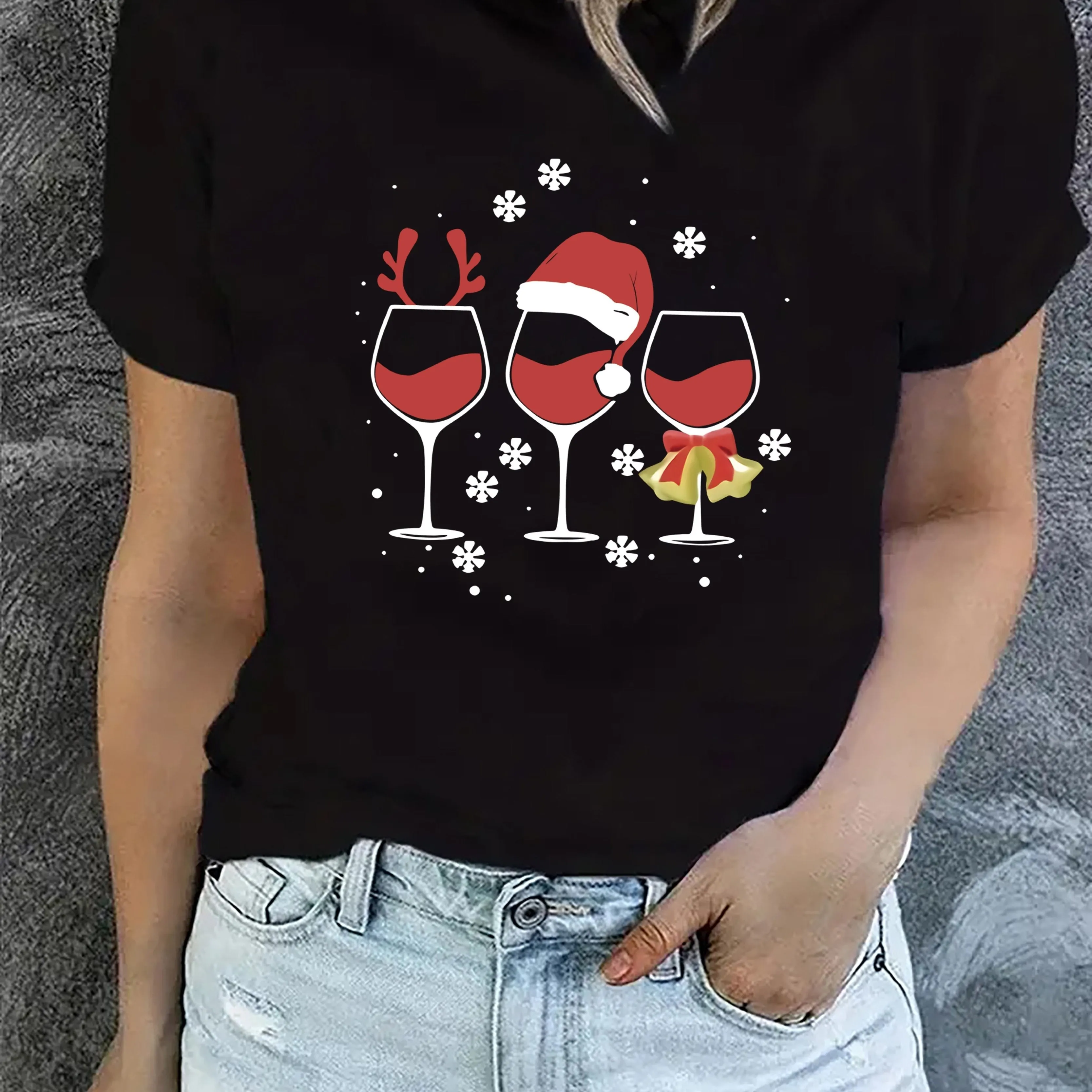 Christmas Red Wine Print Tee Festive Womens Casual Top