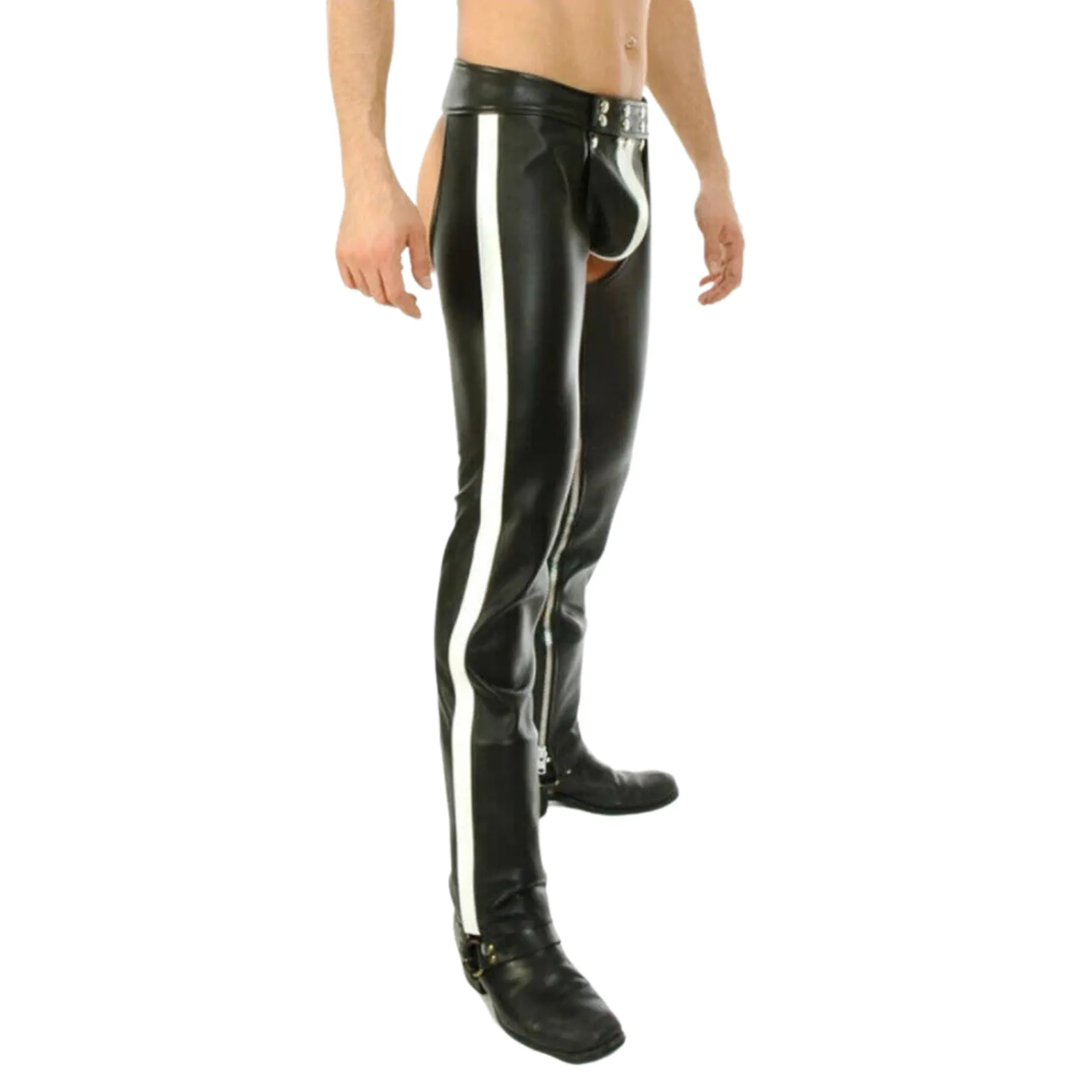 Classic Assless Leather Chaps with White Stripes