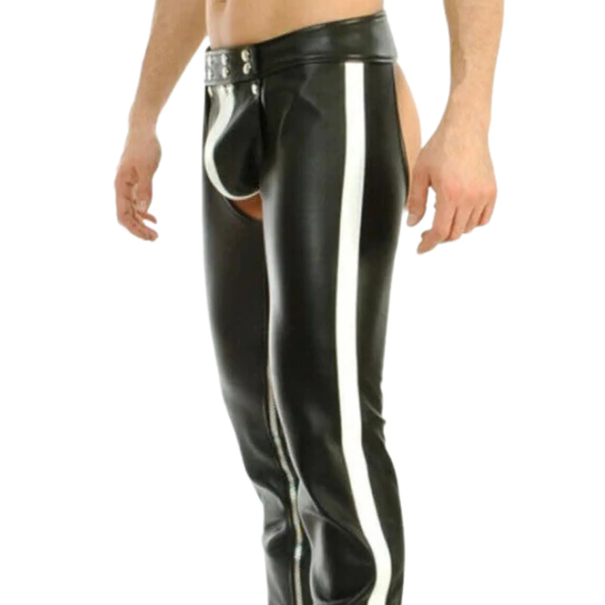 Classic Assless Leather Chaps with White Stripes