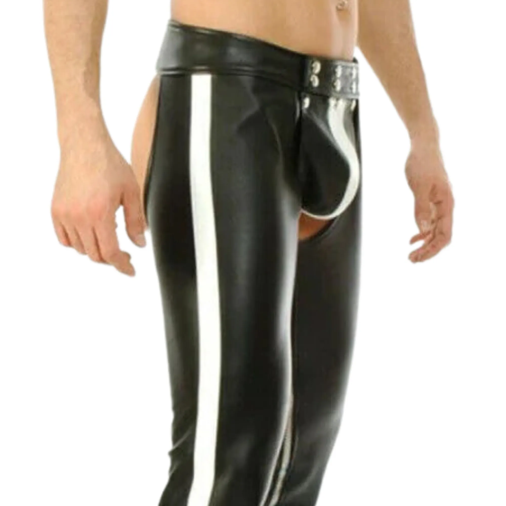 Classic Assless Leather Chaps with White Stripes