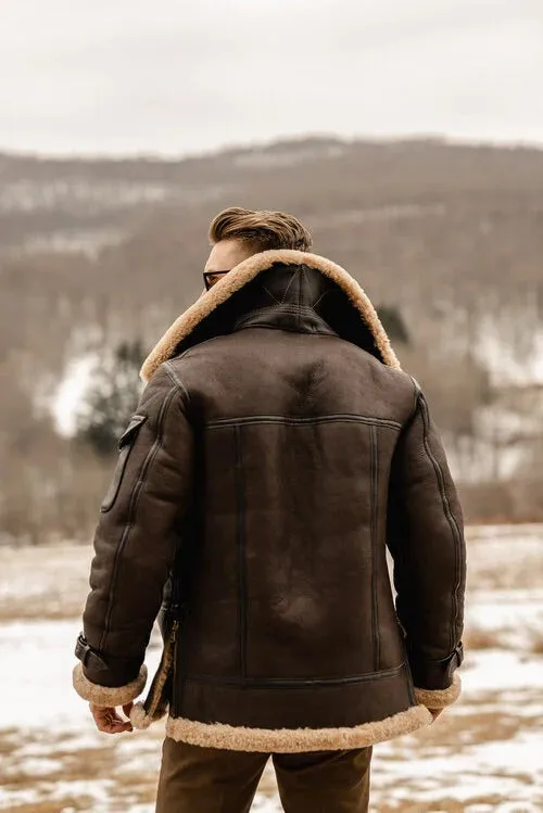 Classic Aviator Men's Brown B3 Flying Shearling Leather Long Jacket Coat