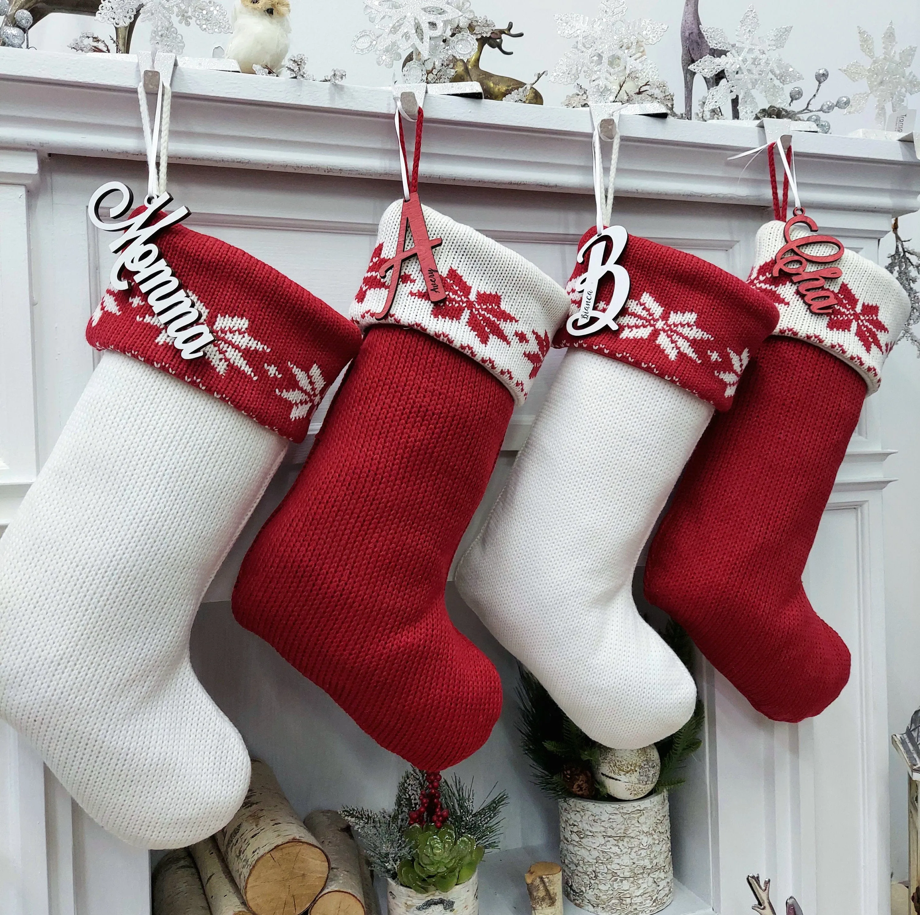 Classic Red & White Knit Christmas Stockings | High Quality Premium Knit with Snowflakes Personalized with Wood Name Tag