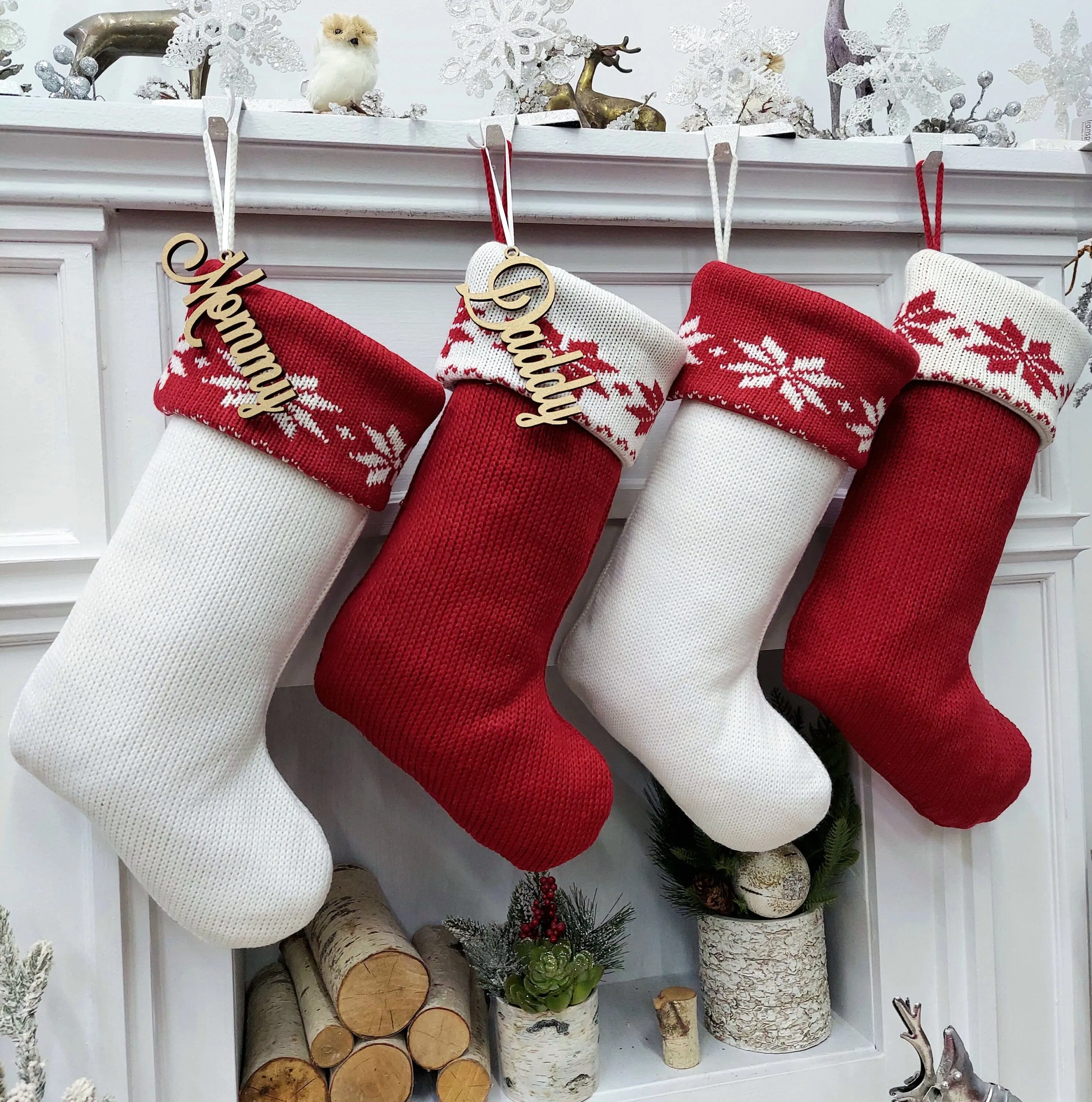 Classic Red & White Knit Christmas Stockings | High Quality Premium Knit with Snowflakes Personalized with Wood Name Tag