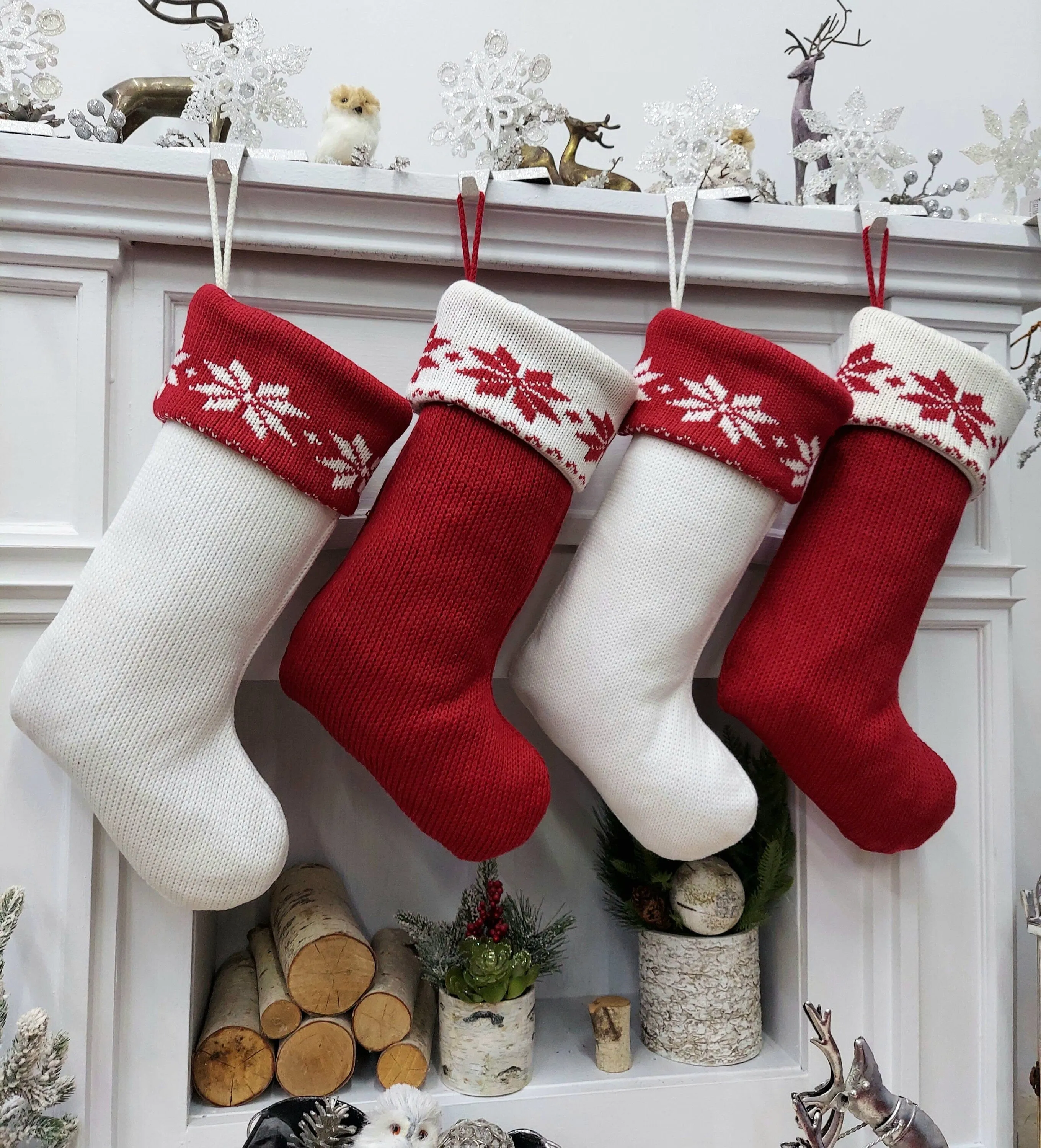 Classic Red & White Knit Christmas Stockings | High Quality Premium Knit with Snowflakes Personalized with Wood Name Tag