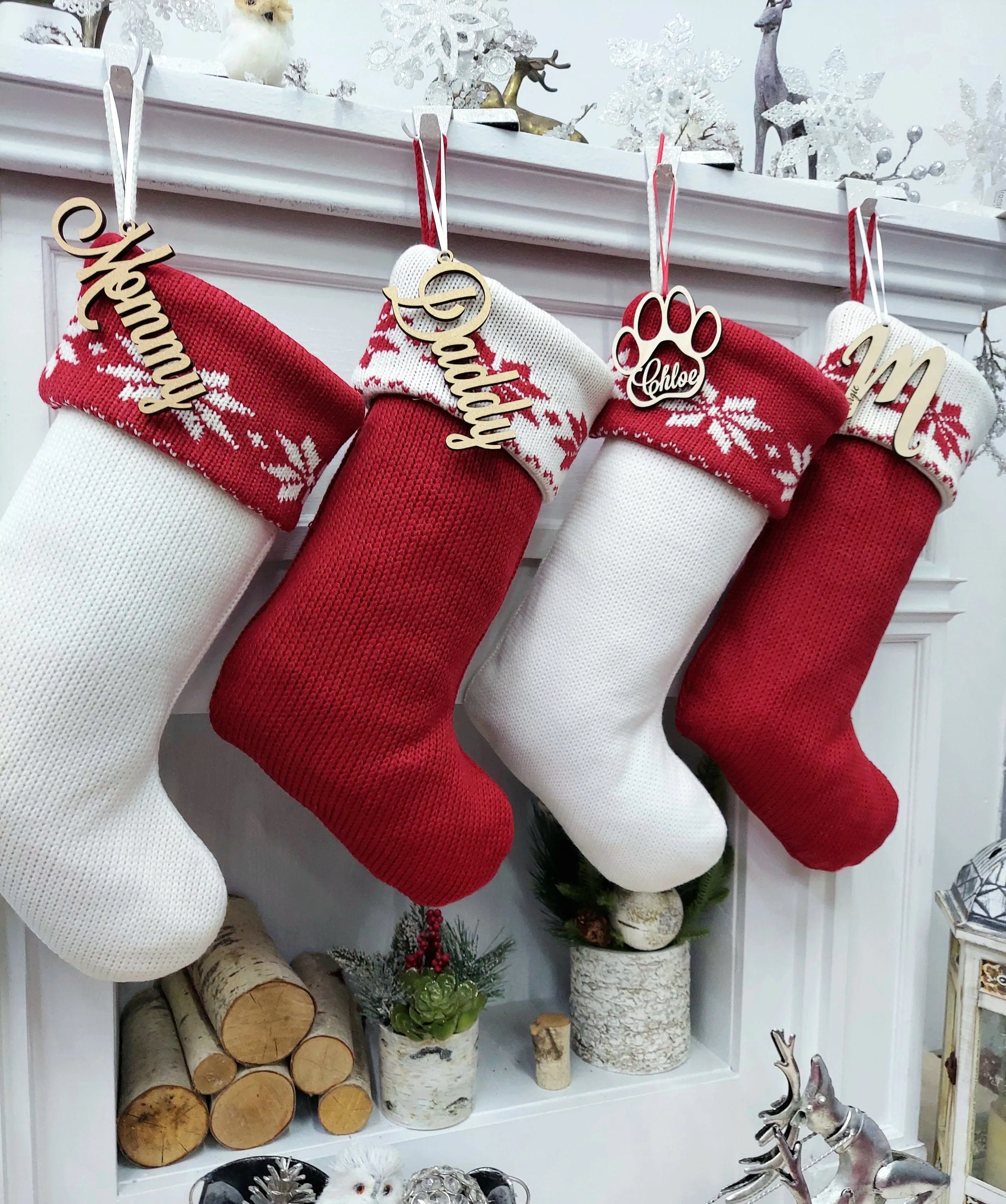 Classic Red & White Knit Christmas Stockings | High Quality Premium Knit with Snowflakes Personalized with Wood Name Tag