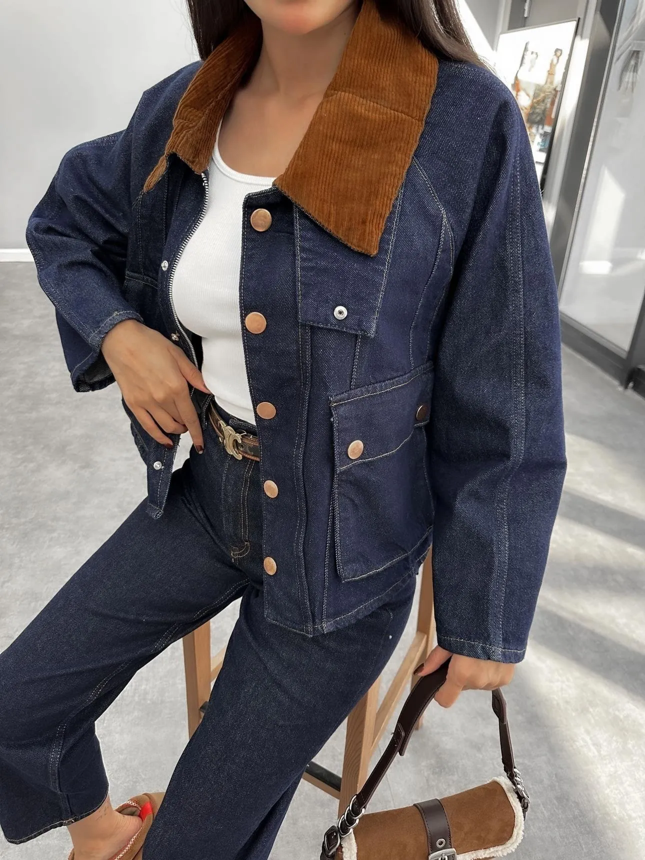 Denim Jacket with Velvet Collar Detail