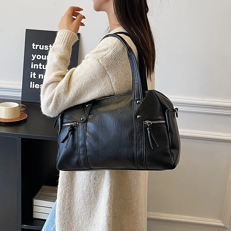 Elegant Black Leather Tote Bag with Adjustable Shoulder Strap and Zipper Closure - Perfect for Travel, Work, or Gym - PU Material, Water-Resistant, and Stylish