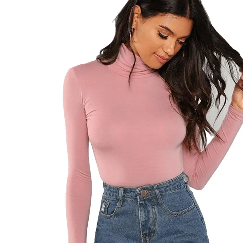 Elegant Pink Work Wear Turtleneck Slim Fit Long Sleeve For Women T-Shirt