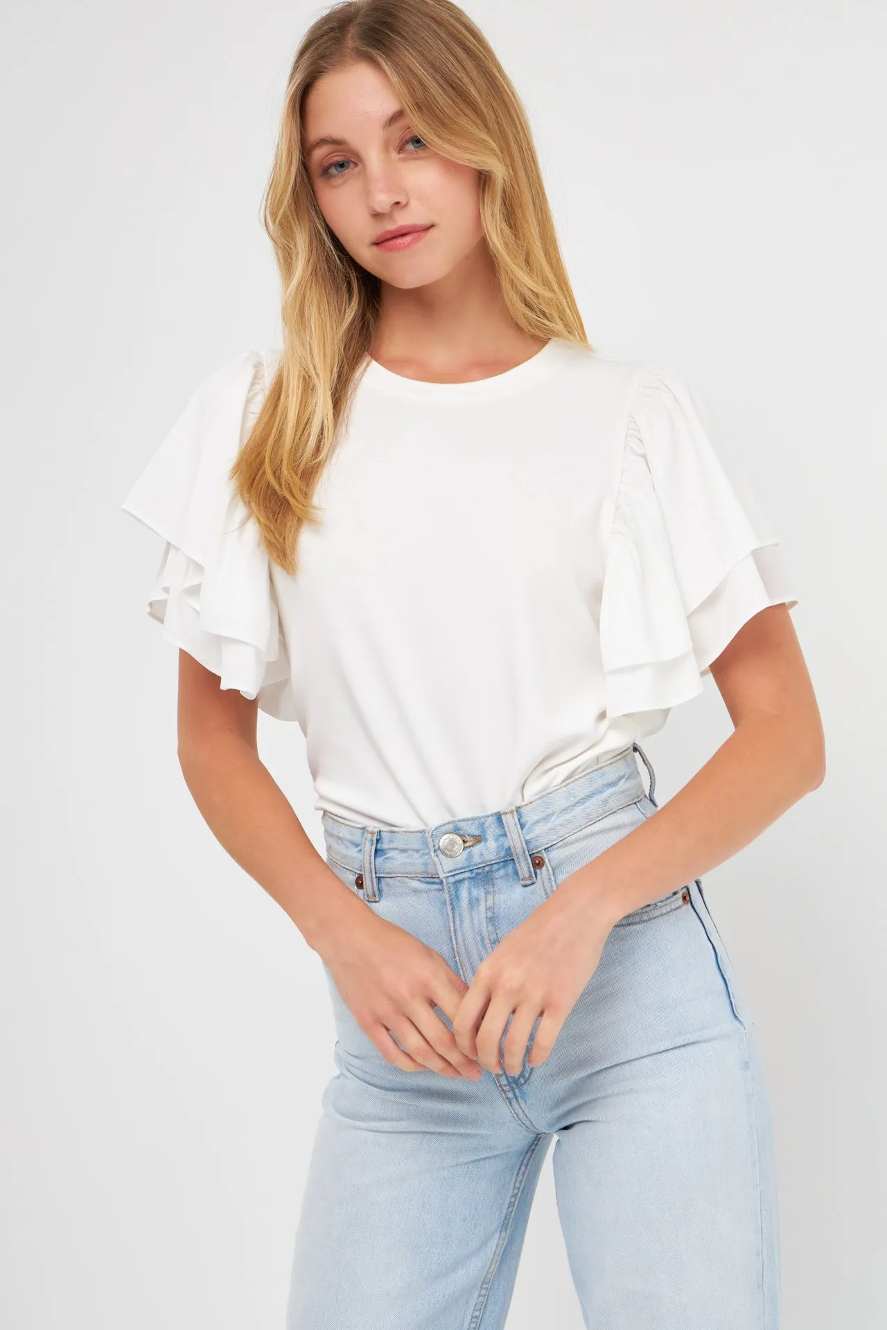 Endless Rose - Double Layers Ruffle Sleeve Crew Neck Top